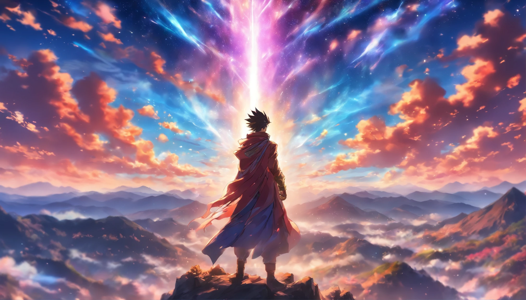 A young and handsome man standing on a magnificent mountain peak, surrounded by a mysterious glow. He raises his hands and summons a dazzling beam of light that illuminates the sky. His body exudes a sacred and majestic aura.,in the style of the stars art group xing xing, 32k, best quality, masterpiece, super detail, high details