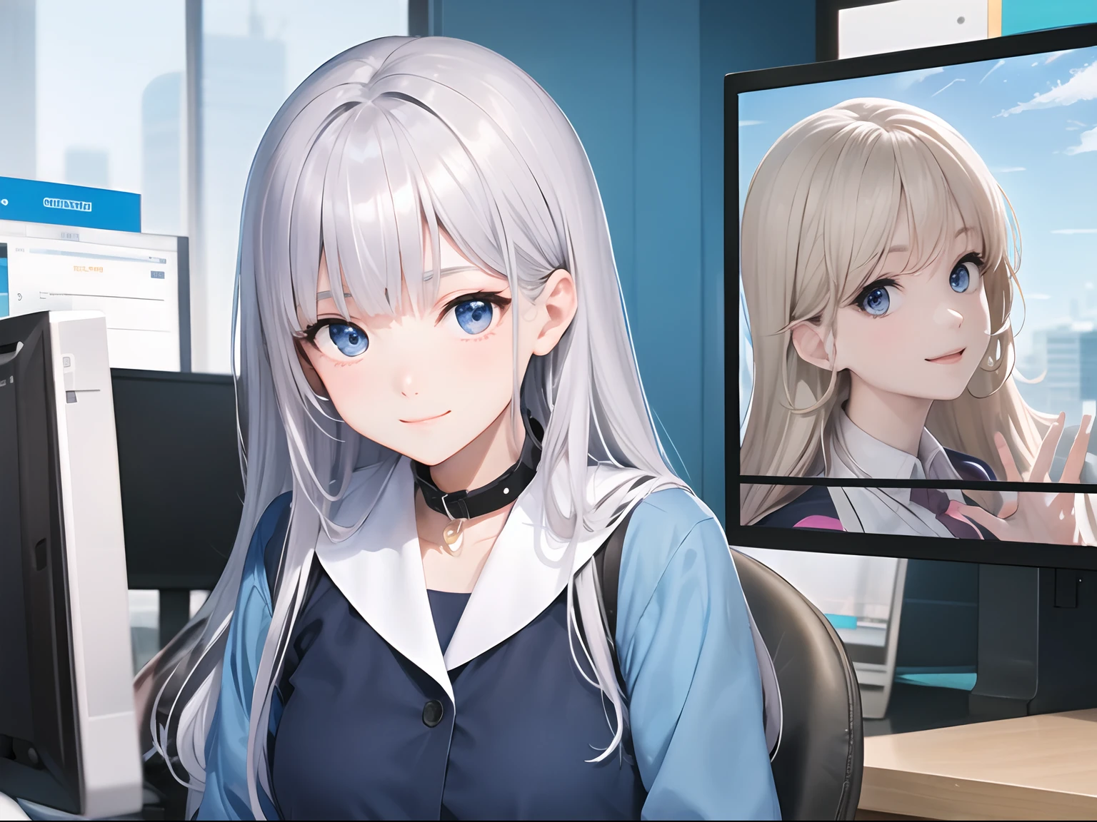 during daytime、s Office、Adult woman in anime using big screen desktop computer、25-years old、Upper body, mid-shot, femele, Detailed eyes,Semi-long hair, Silvery head hair, Bangs,Blouse with collar in blue color、Fashionable、Long sleeves,、frontage、 Smiling smile、