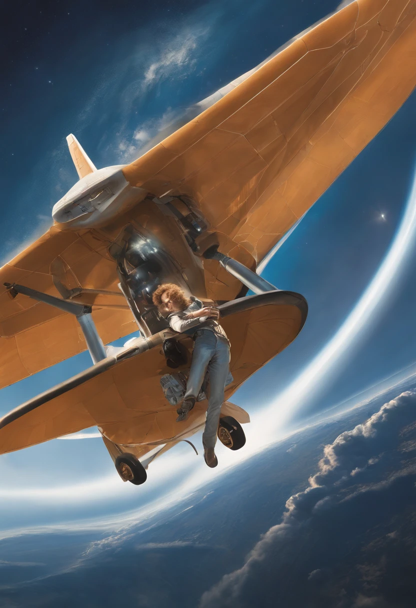 You are welcome, Create an illustration, representing the modern history of the "Flight of Icarus", contextualized in 2023;. In the image, show a young man named Max, The son of an aerospace engineer-instructor, Flying on a state-of-the-art suborbital aircraft. He ascends to heaven with a smile of enthusiasm, but in the background, The spacecraft begins to disintegrate due to the strong heating of the atmosphere. About Doctor. Alan Carter, Max's father, visible in the control center, with a worried expression on his face, trying to communicate with Max. land, majestic and stunning, must be visible in the distance. The image should convey a sense of emotion, Urgency and acceptance of consequences