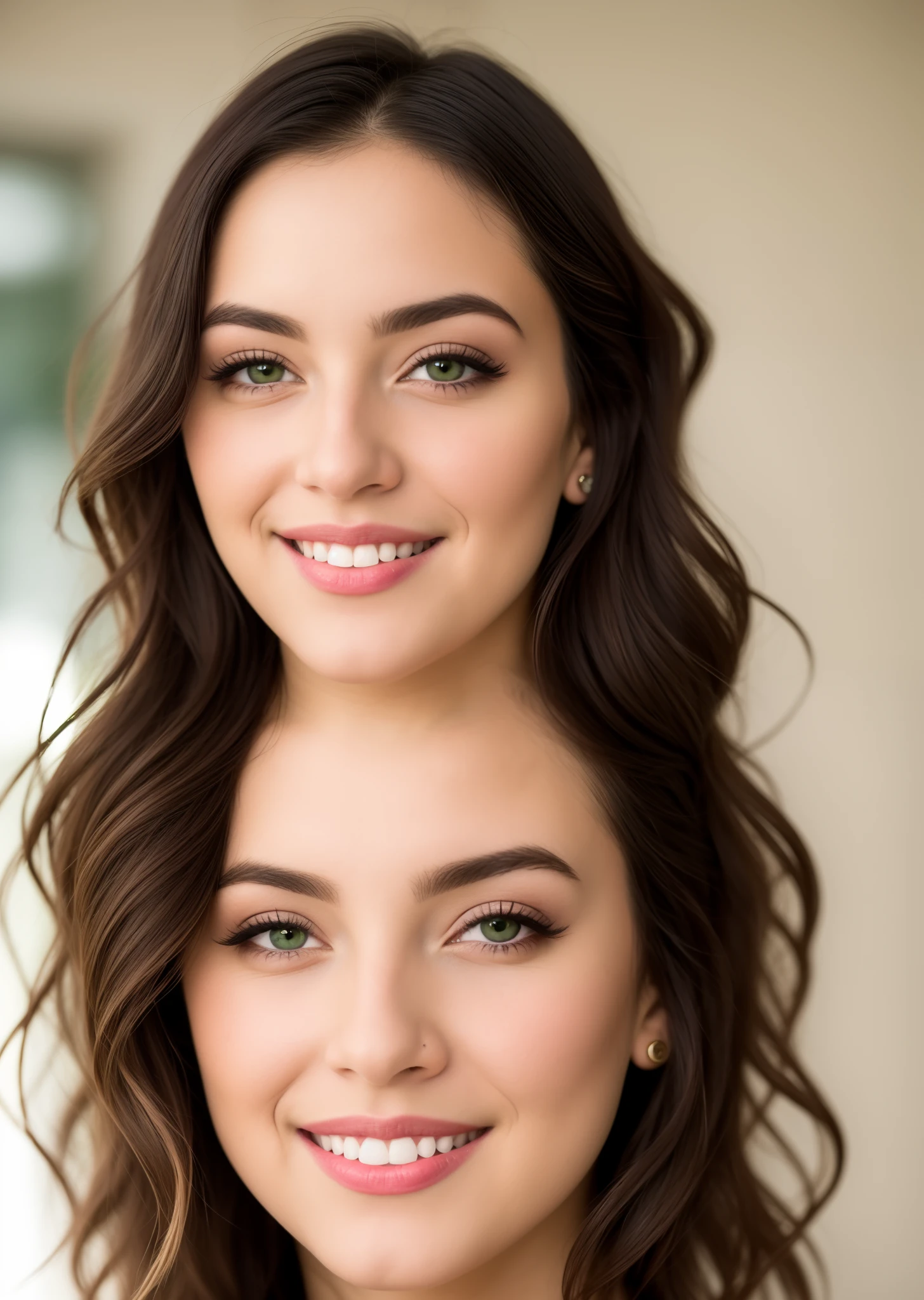 Realistic photo of a beautiful woman with a round face and high cheekbones, She has a cute button nose and small jaw, com grandes e belos olhos verdes realistas, Ela tem sobrancelhas escuras e cabelos loiros brancos, Ela tem um corpo compacto e forte com pernas bonitas, She is grinning, (master part), (fotorrealista:1.4), Foto RAW, melhor qualidade, alta resolução, cores ricas, luz de fundo, luz solar brilhante, Cinematic lighting, filmic grain, Foto RAW, Lente 50mm, Nikon D850 |, Cores quentes