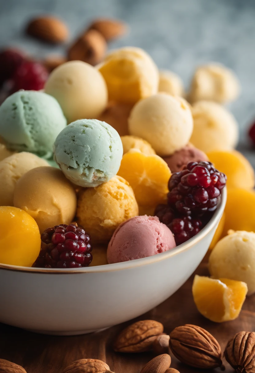 5 ICE CREAM BALLS OF VARIOUS FLAVORS IN A BOWL ACCOMPANYING NUTS AND FRUITS, COM FUNDO AMARELO OURO