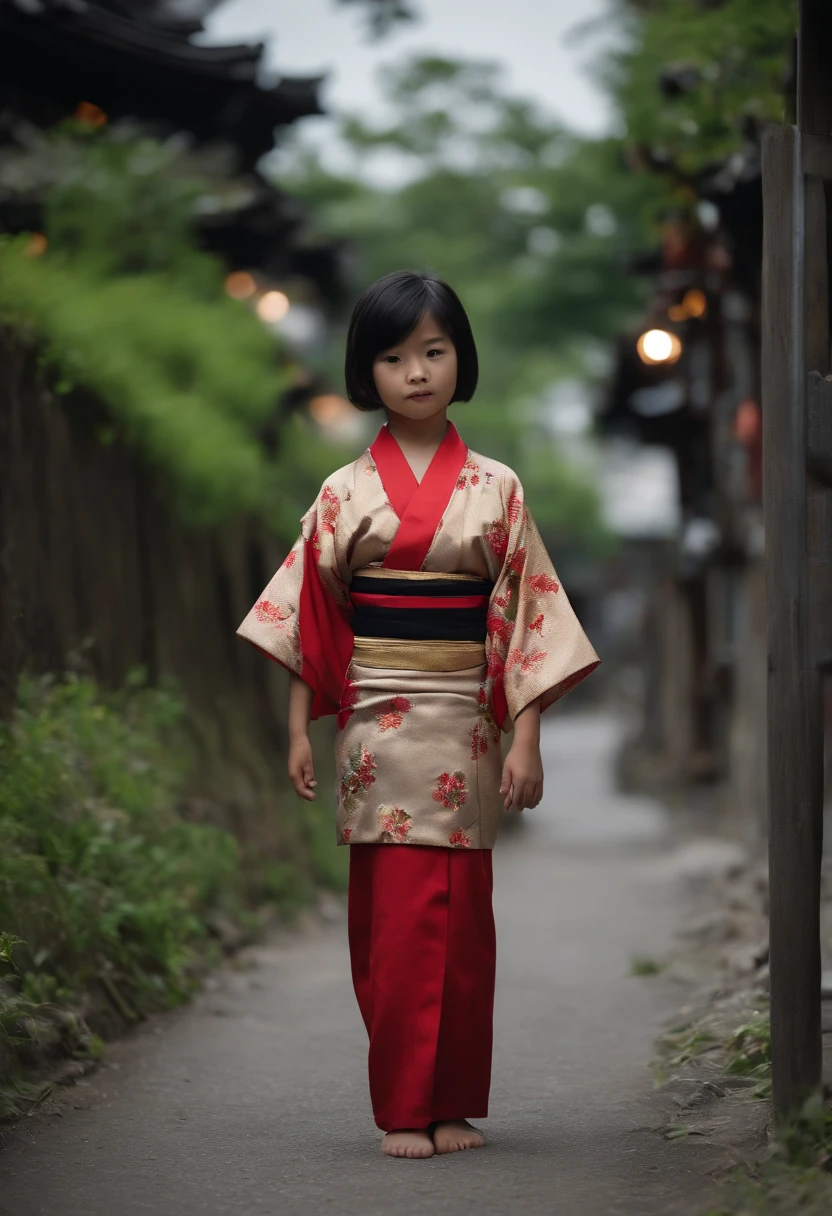 full bodyesbian, Wear colorful kimonos, 7 years old, 7 year old Japanese petite child on a dark city street, Dark and creepy streets, Petite girl, flatchest, Petite figure, Short black hair, Exposing the abdomen, midriff exposed, small tits, ((Flat chest and thin waist)), a small face，Barefoot，（（Naked））