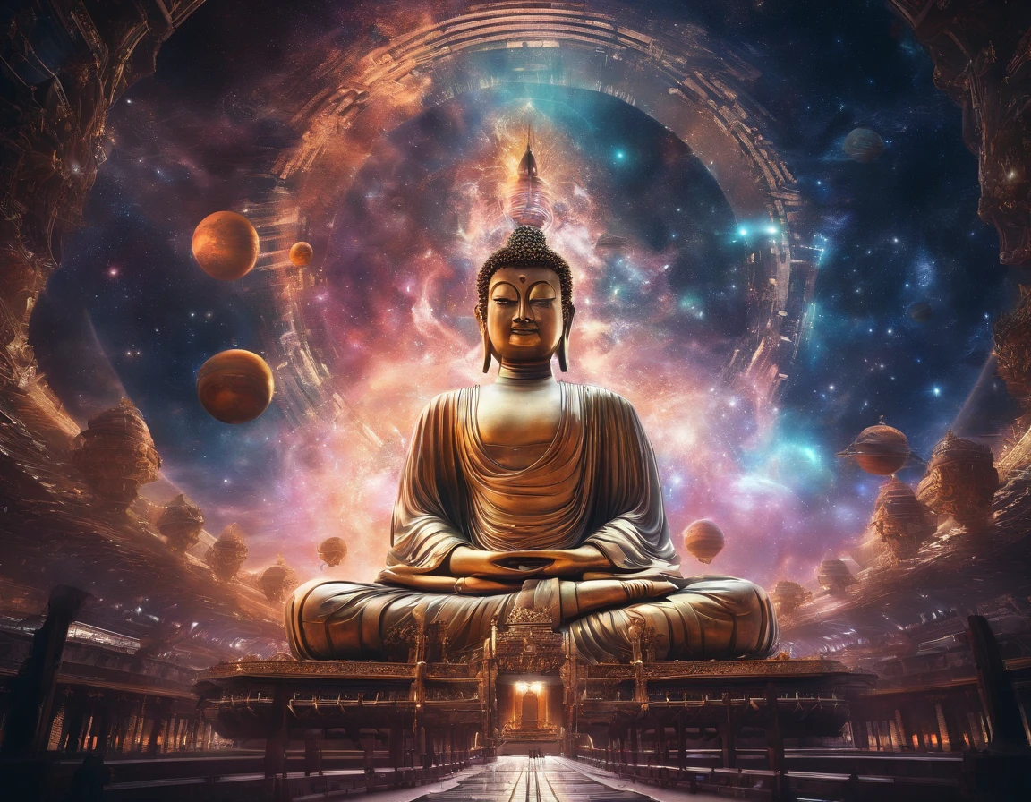 Interstellar,Endless space,The huge Maitreya Buddha statue rushed towards the huge space-time tunnel,Highly detailed portrait of a huge golden Buddha with the halo of the sun god,ssee-through,depth of fields,((Masterpiece)),(Best quality)),Magnificent space image scene,surrealism, Super detail, ccurate, Best quality, hyper HD, Masterpiece, Anatomically correct, A high resolution, 16k