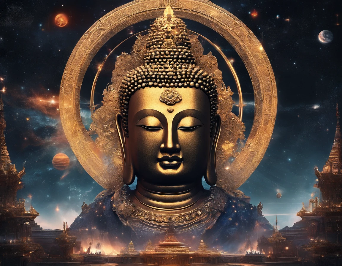 Interstellar,Endless space,The huge Maitreya Buddha statue rushed towards the huge space-time tunnel,Highly detailed portrait of a huge golden Buddha with the halo of the sun god,ssee-through,depth of fields,((Masterpiece)),(Best quality)),Magnificent space image scene,surrealism, Super detail, ccurate, Best quality, hyper HD, Masterpiece, Anatomically correct, A high resolution, 16k