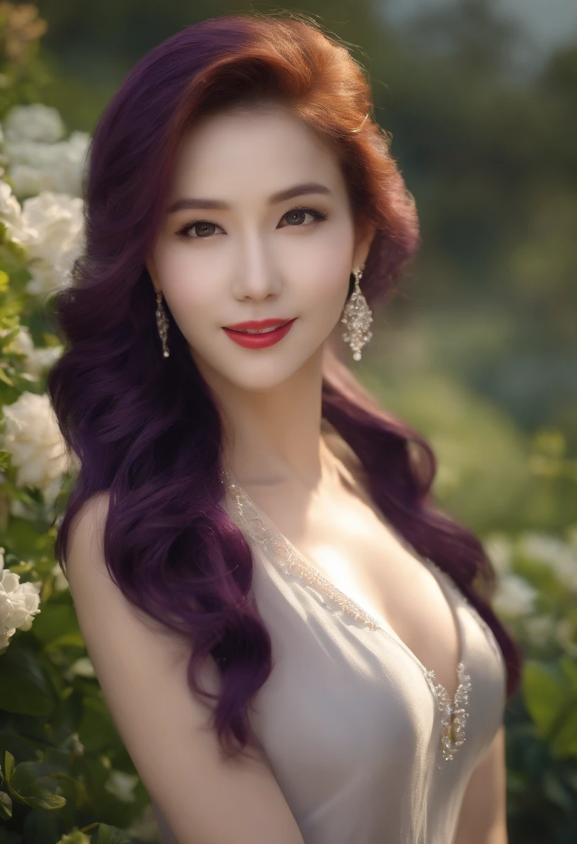 (8K, Best Quality, Masterpiece:1.2), (Realistic, photo-realistic:1.37), Ultra-detailed, 1 girl, （Standing at full height）, exteriors, (Adjust your hair:1.5) Dusty women, （White transparent t-shirt, moistened with water：2.0）, Extra-short jeans, (pantyhouse:1.2), black silk， （without bra:2.0）, Red pumps with high heels, Beautiful earrings, Cute, 独奏, beautiful detailed sky, (Smile:1.15), (closed mouth), The breasts are huge, beautiful detail eyes, (Gorgeous hair in a long purple color:1.2), floating hair NovaFrogStyle,