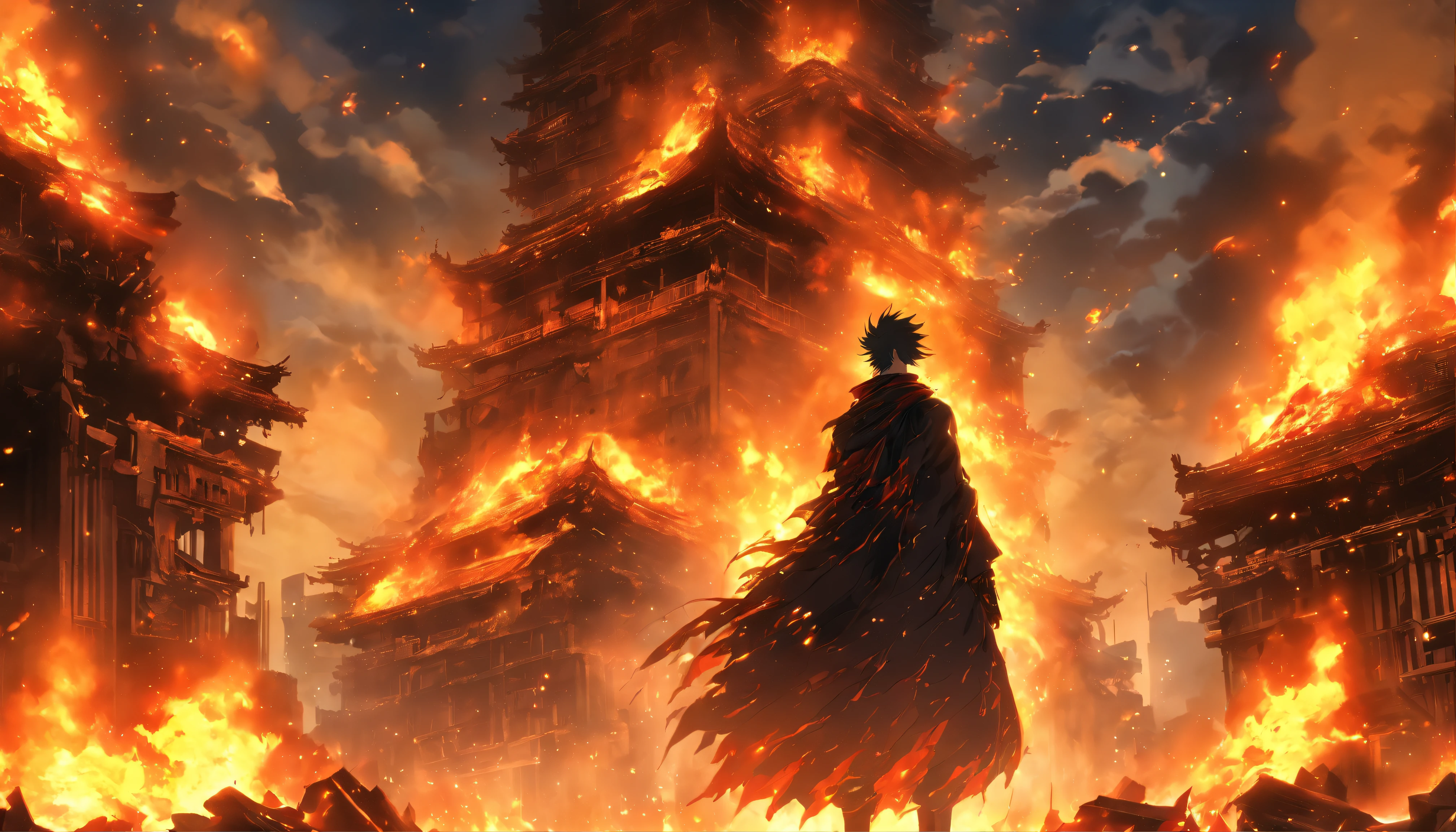 A towering man standing amidst ruins, surrounded by burning flames and collapsed buildings, with a cold and powerful gaze, his body exuding dark energy, as if capable of destroying everything, ,in the style of the stars art group xing xing , 32k, best quality, masterpiece, super detail, high details,