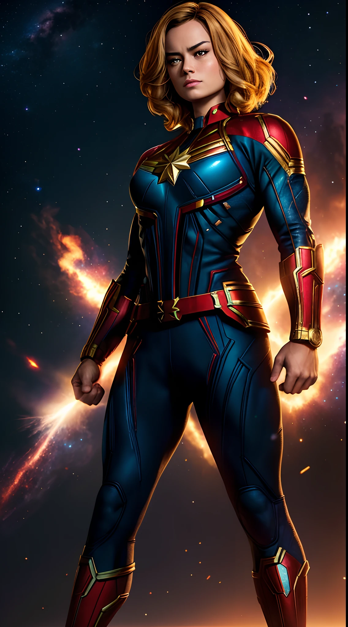 Captain Marvel marvel ,Bodybuilder, super strong, muscular, ABS, in background galaxy35mm lens, photography, ultra details, HDR, UHD,8K