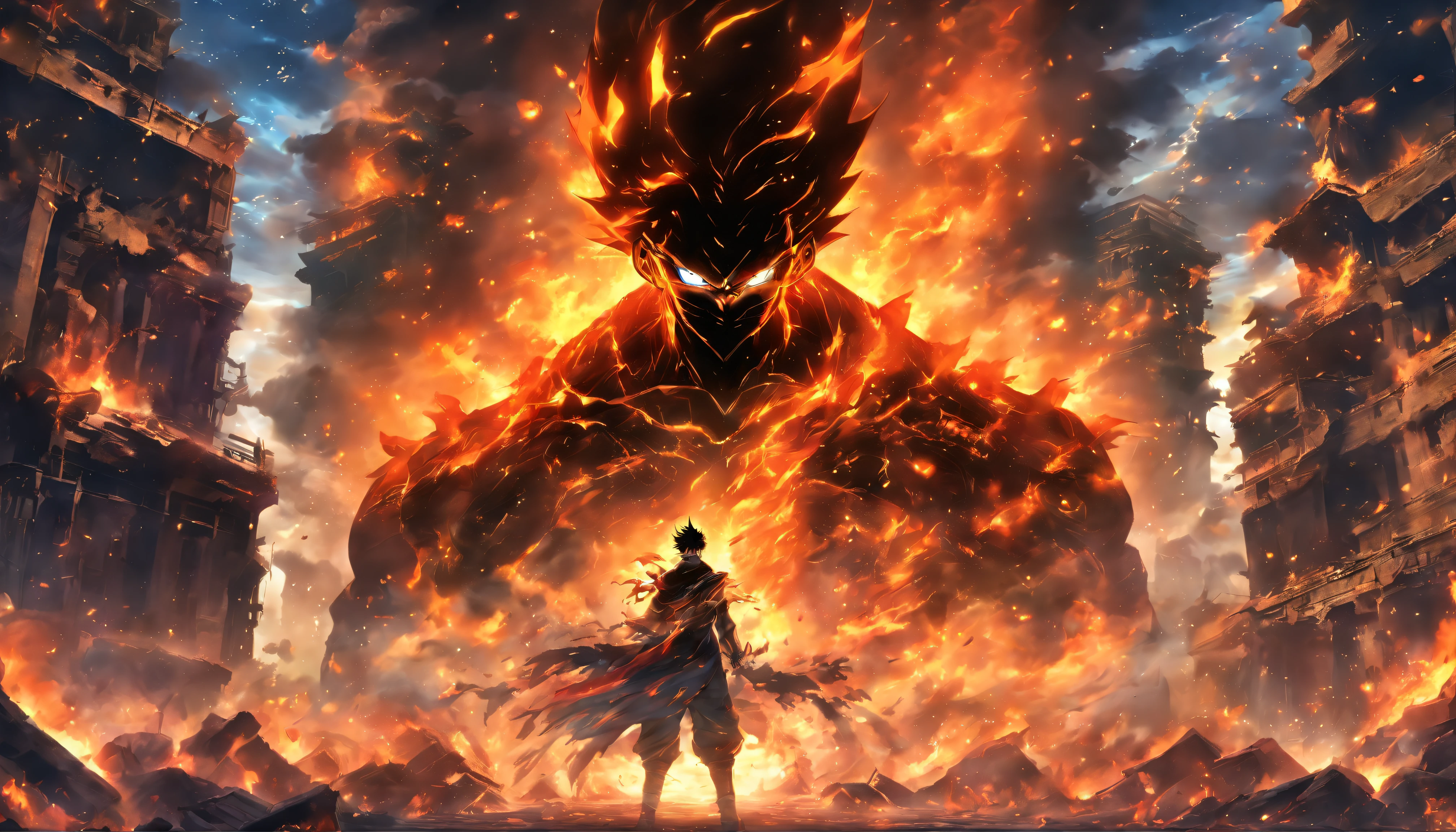 A towering man standing amidst ruins, surrounded by burning flames and collapsed buildings, with a cold and powerful gaze, his body exuding dark energy, as if capable of destroying everything, ,in the style of the stars art group xing xing , 32k, best quality, masterpiece, super detail, high details,