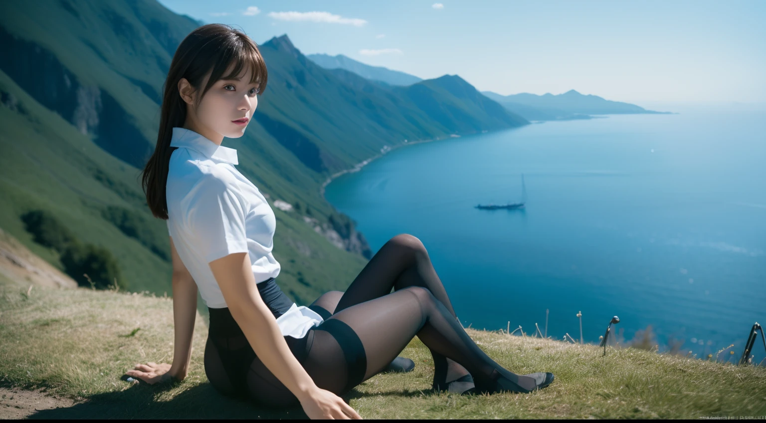 (Full body:1.5)，(1girl in:1.3),(view the viewer:1.4)，(anatomy correct:1.4),(Sitting at the top of a mountain:1.2),(Wearing a nurse set:1.2),(Opaque pantyhose:1.3),(Accurate and perfect face:1.3),(Long legs:1.3),hyper HD, Ray traching, reflective light， Structurally correct, awardwinning, high detailing, Lighten the shade contrast, Face lighting ，Cinematic lighting, masutepiece, super detailing, High quality, high detailing, Best Quality, High contrast,a scene from a movie、mare