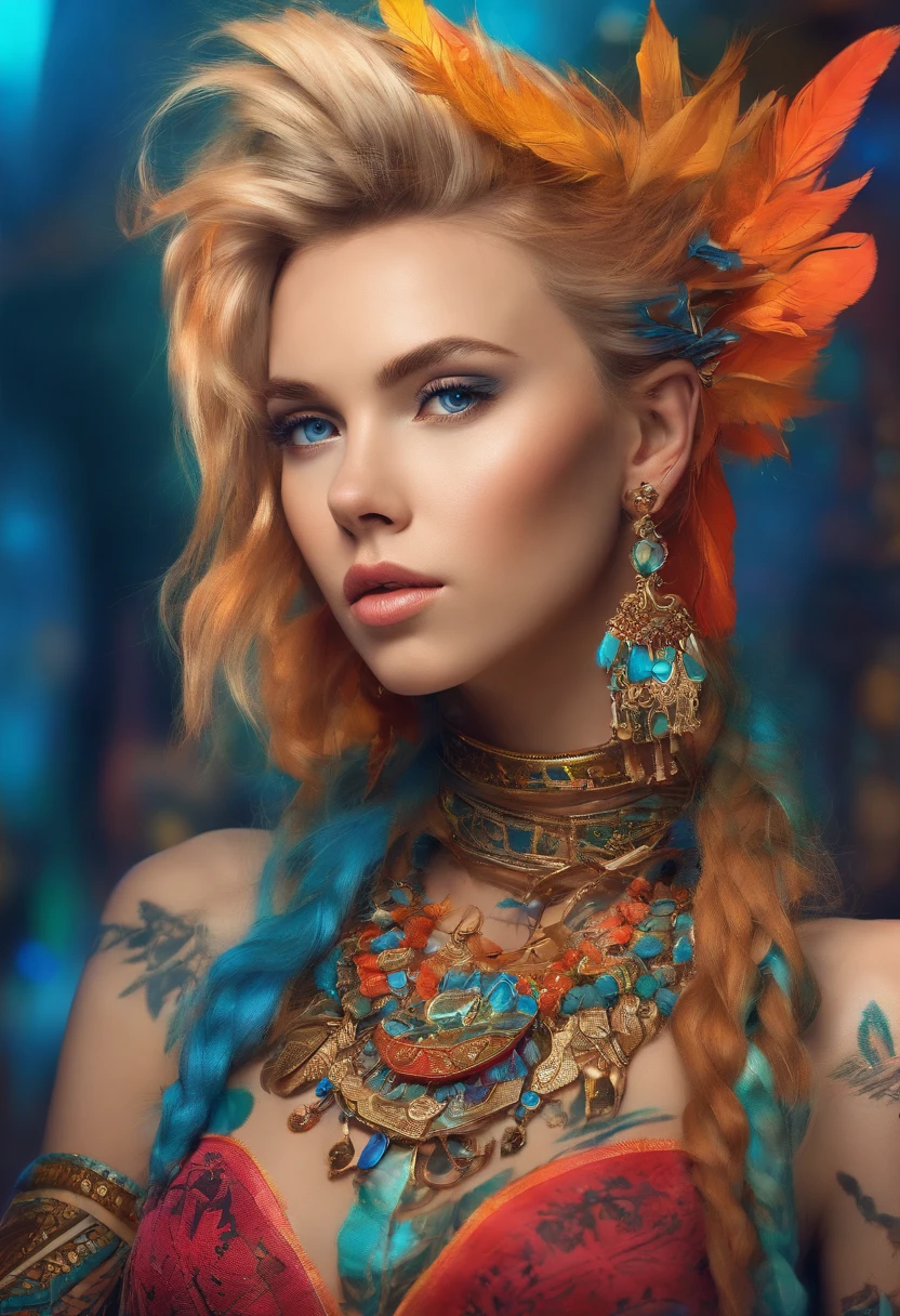 Masterpiece, Young Scarlett Johansson as a beautiful young elf BREAK (((Baids Short Blondes))) BREAK (((Tribal tattoos on the face))), BREAK (((Tribal tattoos on the cheeks))), BREAK (((Facial Piercing))), (((pointed ears))) BREAK (((Glow Blue Eyes))), BREAK (((Shot Full Body))), Фон BREAK Neon Cyberpunk City, BREAK ((Best Quality)), ((Masterpiece)), (Highly detailed:1.3), ..3d, Beautiful (ciberpunk:1.3), Bold colors and patterns, Eye-catching accessories, Fashionable and innovative hairstyle, Bright make-up, neon signage, LED lights, Bright and rich colors, detailed skin texture, detailed cloth texture, Beautiful Detail Face, intricate details, Ultra Detailed, Best Quality, extra high resolution, (Photorealistic: 1.4), RAW photo, Ellen von Unwerth, nikon d850 film stock photography, f1.6 lens, saturated colors, Realistic, Cinestill 800, back light, Rimlighting, studio lightning