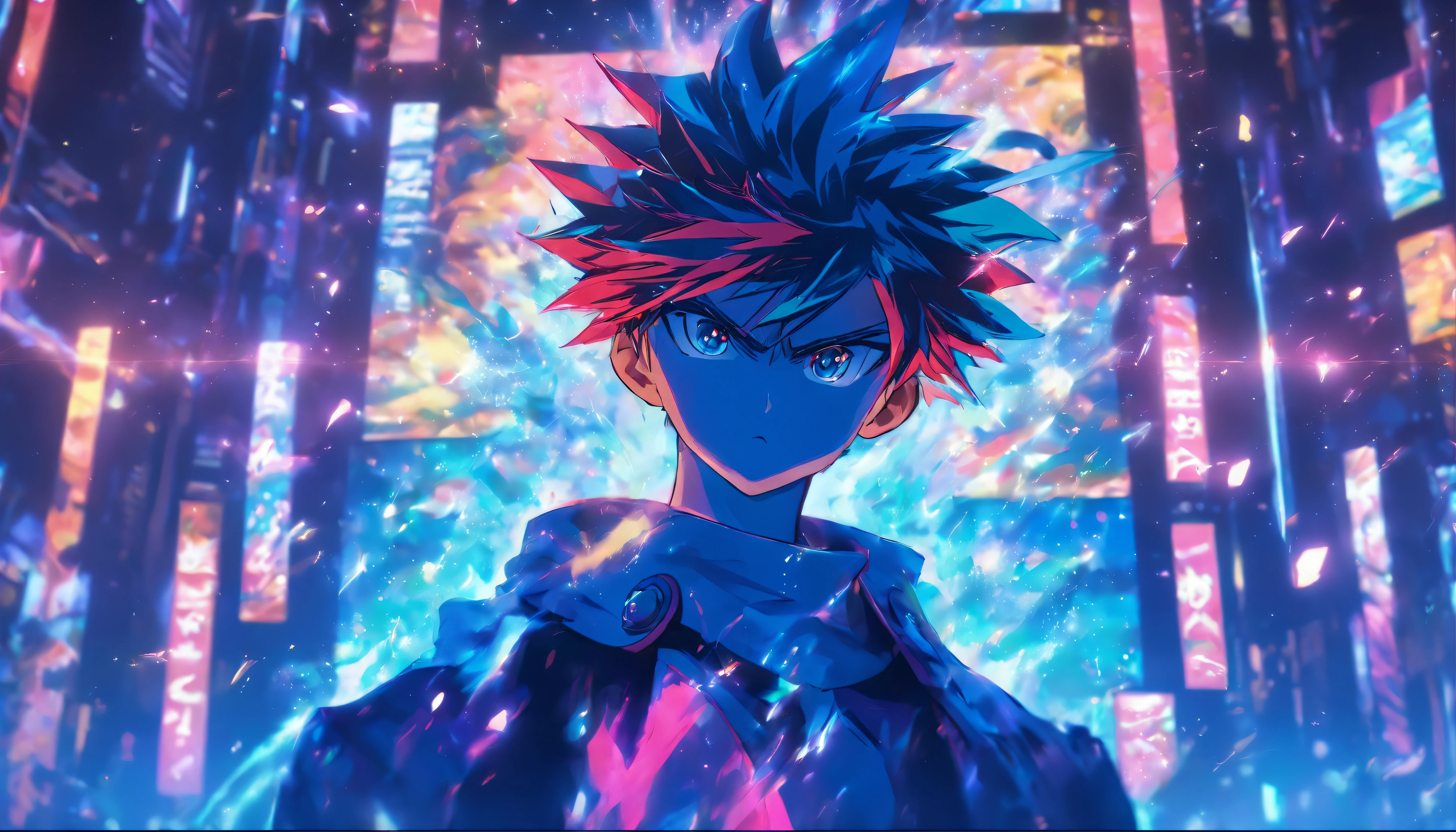A young anchor standing on the stage of a live streaming room, facing countless screens of audience, with a determined and confident expression but a hint of hurt and confusion in his eyes, a large screen on the stage displaying mocking comments from millions of netizens, intense lighting shining on him, ,in the style of the stars art group xing xing, 33k, best quality, masterpiece, super detail, high details