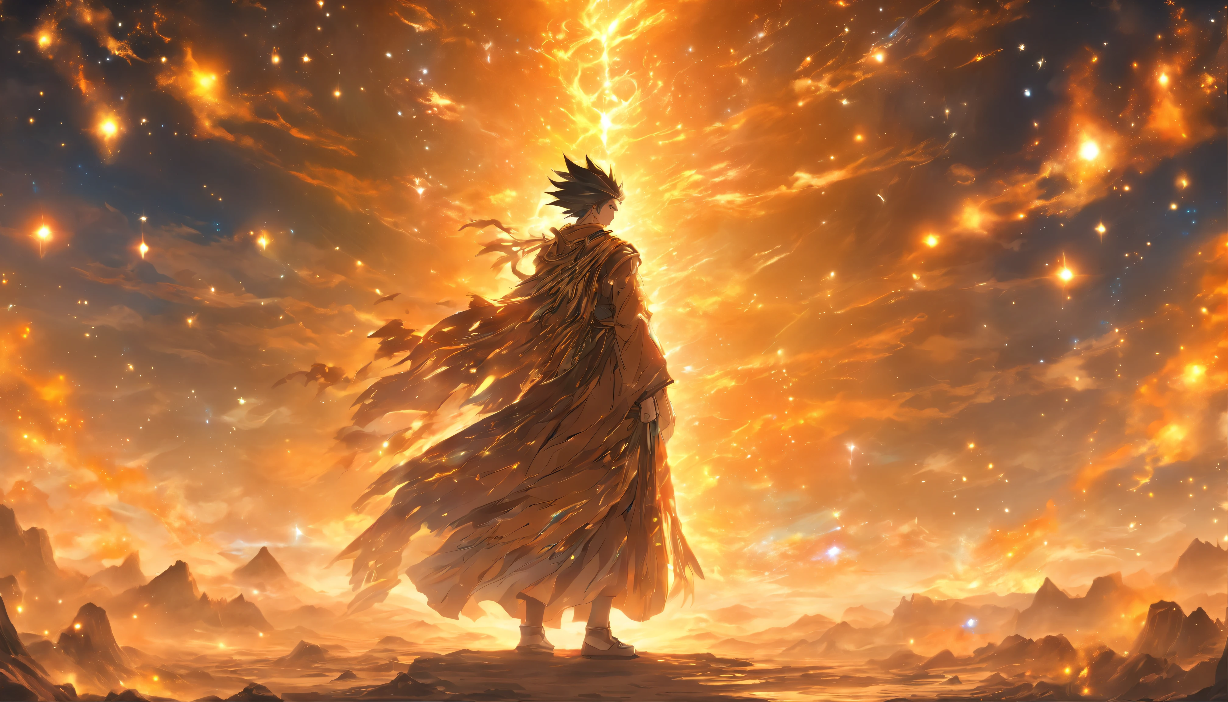 A young and mysterious man standing on a barren land in magnificent robes, surrounded by mysterious energy fluctuations, as if the whole world is under his control, ,in the style of the stars art group xing xing, 34k, best quality, masterpiece, super detail, high details