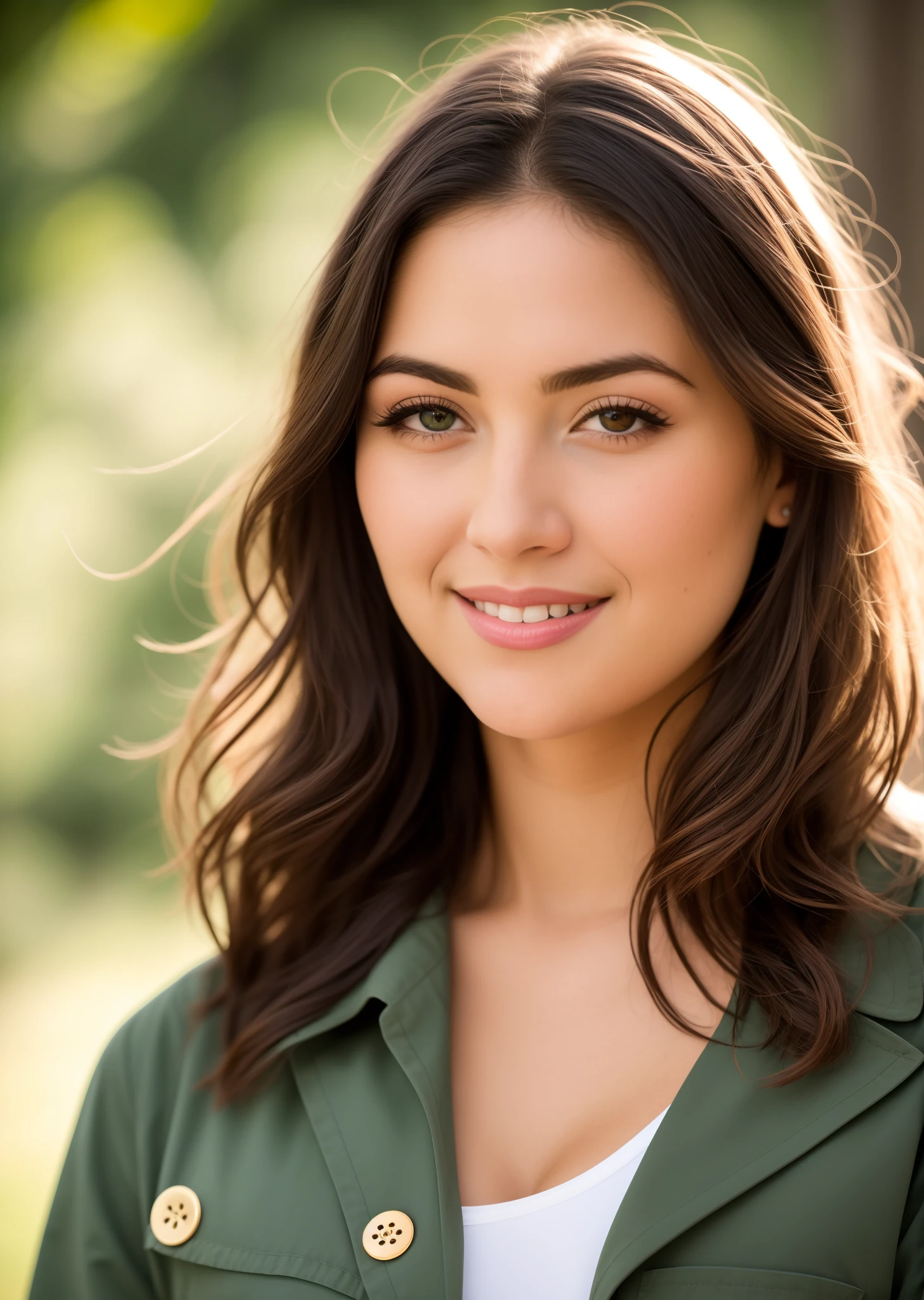 Realistic photo of a beautiful woman with a round face and high cheekbones, She has a cute button nose and small jaw, com grandes e belos olhos verdes realistas, Ela tem sobrancelhas escuras e cabelos loiros brancos, Ela tem um corpo compacto e forte com pernas bonitas, She is grinning, (master part), (fotorrealista:1.4), Foto RAW, melhor qualidade, alta resolução, cores ricas, luz de fundo, luz solar brilhante, Cinematic lighting, filmic grain, Foto RAW, Lente 50mm, Nikon D850 |, Cores quentes