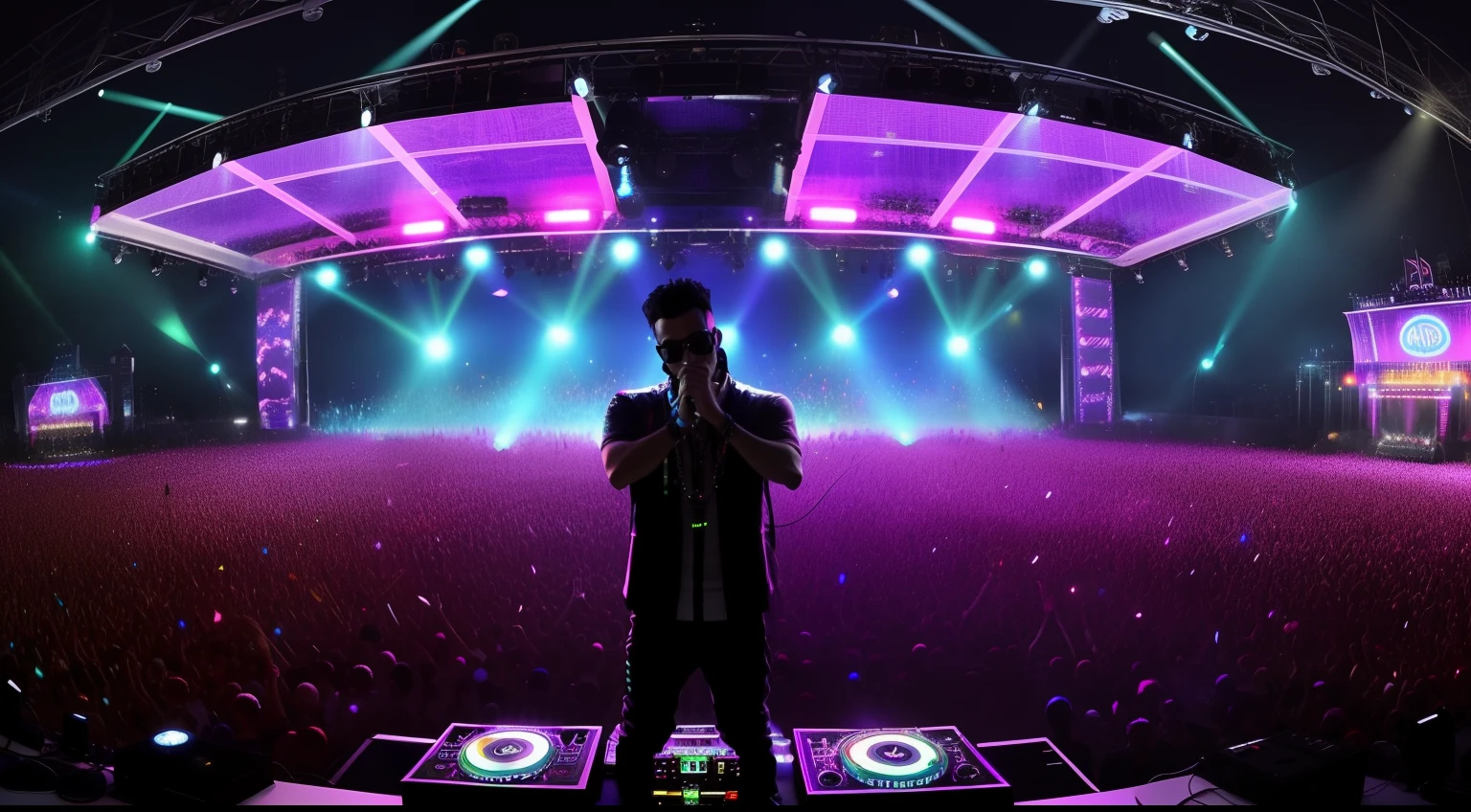 Arafed DJ in front of a crowd at a concert, Tomorrowland, Ultra tiro muito longo, very epic atmosphere, DJ, epic stunning atmosphere, foto de perfil 1024px, edm fans, festa rave, Miniatura do YouTube, festival de dance trance edm, Jerma985 como o Coringa, Raver, Festa DJ Rave, oficial, amazing background