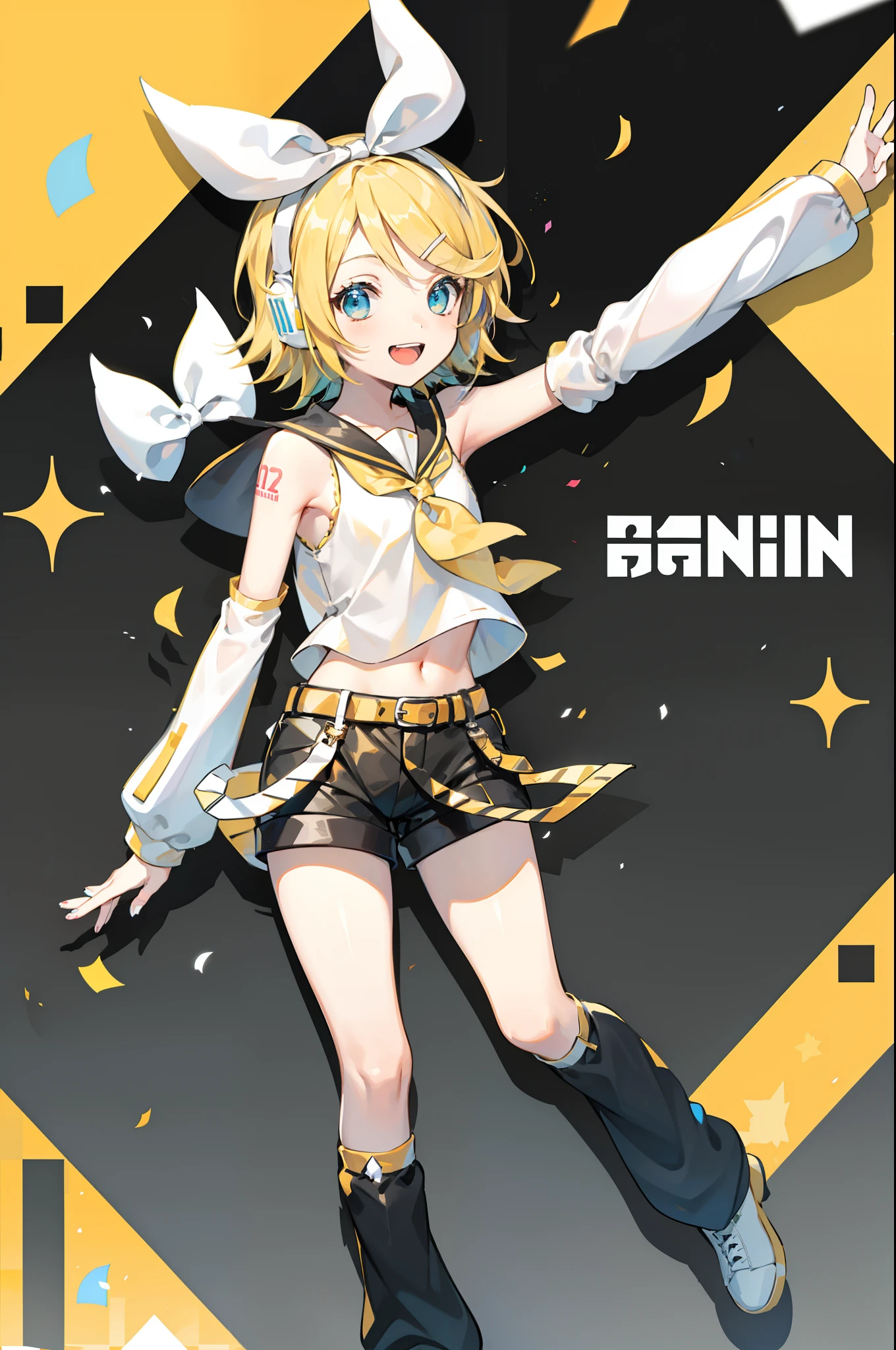 album cover, Kagamine Rin, number tattoo, short hair, bow, Kagamine Rin, short hair, number tattoo, bow, white shirt, detached sleeves, belt, sailor collar, headphones, knee length shorts, leg warmers, hands in the air, happy, confetti, open mouthed smile, wink, colourful background, pattern background
