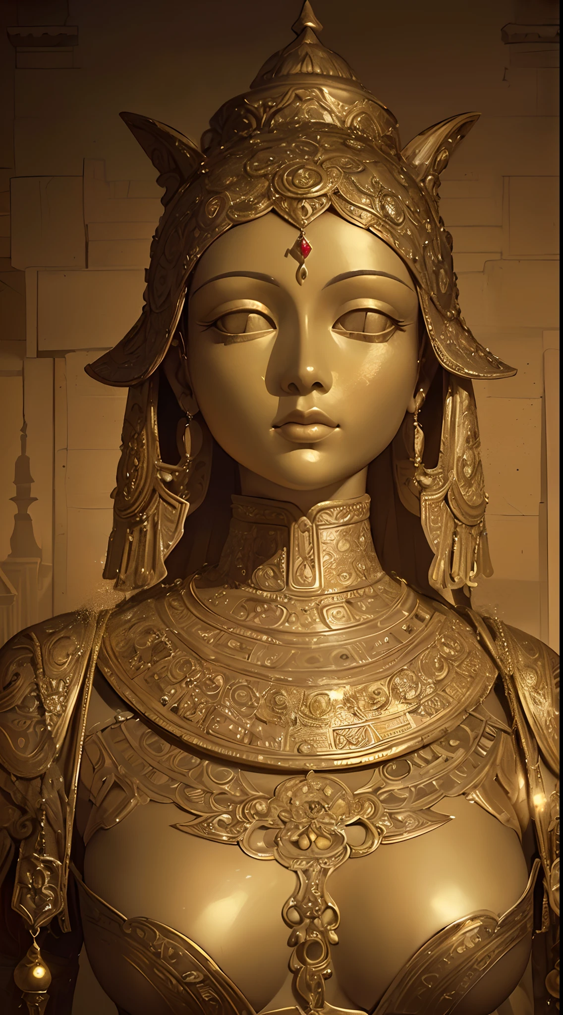 giant Golden Buddha statue,upper body,Aerial view, Concept art,(Shiny metal surface,intricate engraving,Serene expression,radiating with light,Ancient temple background,sacred aura,Ethereal atmosphere,Mysterious energy,delicate craftsmanship,A blend of ancient and modern history,Dunhuang murals in the background,vivd colour,dramatic lights, Dynamic composition,Divine and powerful presence,Meticulous attention to detail,Bigger than life,surreal atmosphere:1.25),(best qualtiy,A high resolution),sharp and clear focus,vivd colour,HDR-like effect,Professional-grade rendering,Ultra-detailed sculpture,Vibrant gold tones,Intense light and shadow,Well-planned textures,Realistic and captivating,Visually breathtaking。