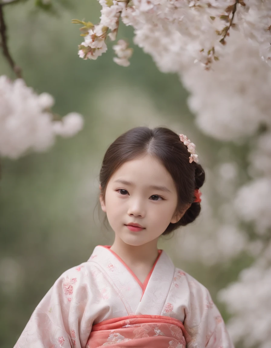 Japan kimono, Kawaii aesthetic style, New Pop Meadows, Put the flowers in your nose and smell, Blush, Fair skin, cheerfulness, 7 year old girl