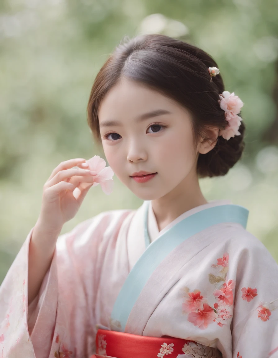 Japan kimono, Kawaii aesthetic style, New Pop Meadows,  Put the flowers in your nose and smell, Blush, Fair skin, cheerfulness, 7  girl