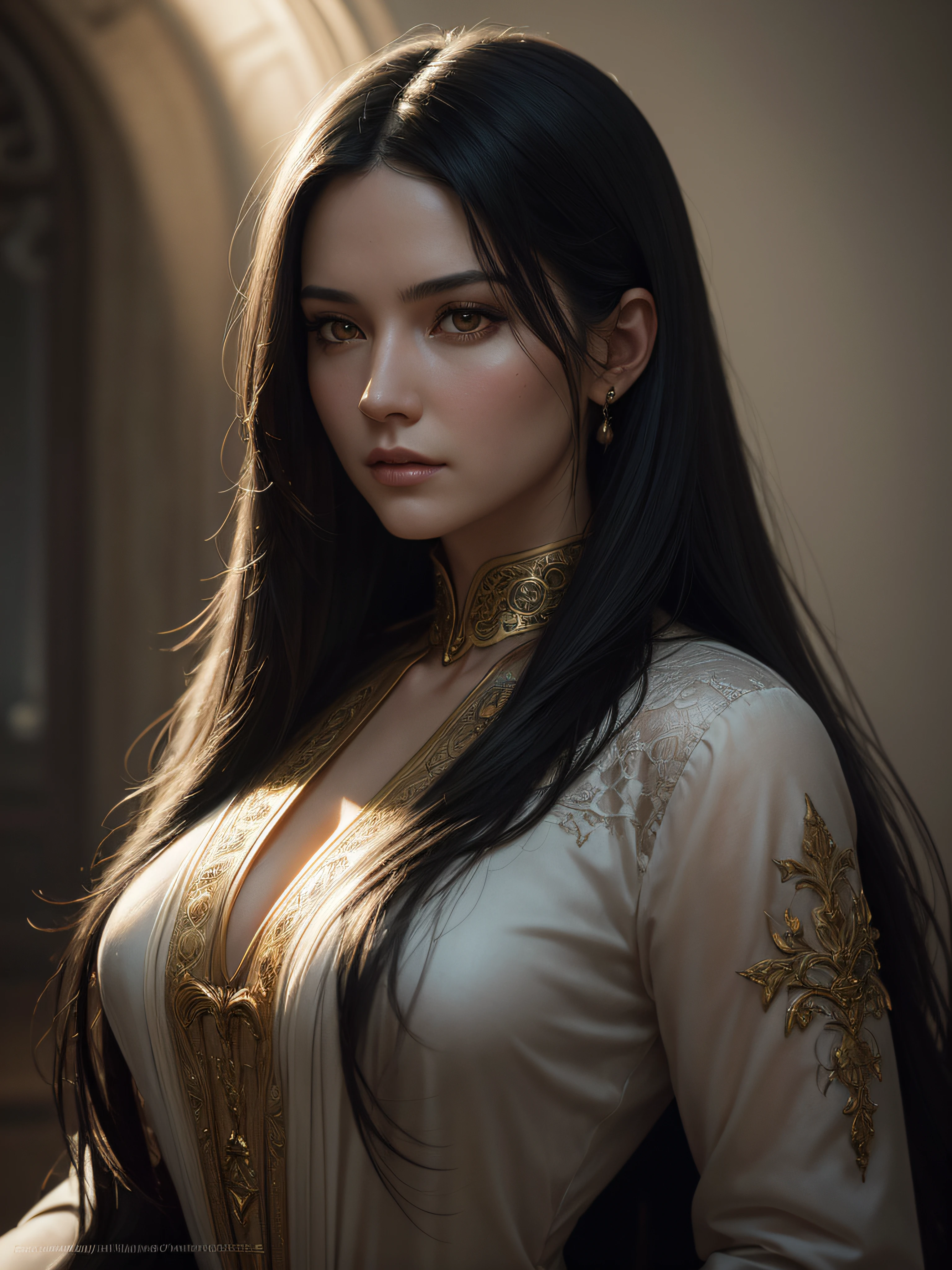 portrait of emb-rebecca with long black hair in fog, cinematic lighting, photorealistic, ornate, intricate, realistic, detailed, volumetric light and shadow intricate, elegant, highly detailed, digital painting, artstation, concept art, smooth, sharp focus, illustration, art by artgerm and greg rutkowski and alphonse mucha, super detailed