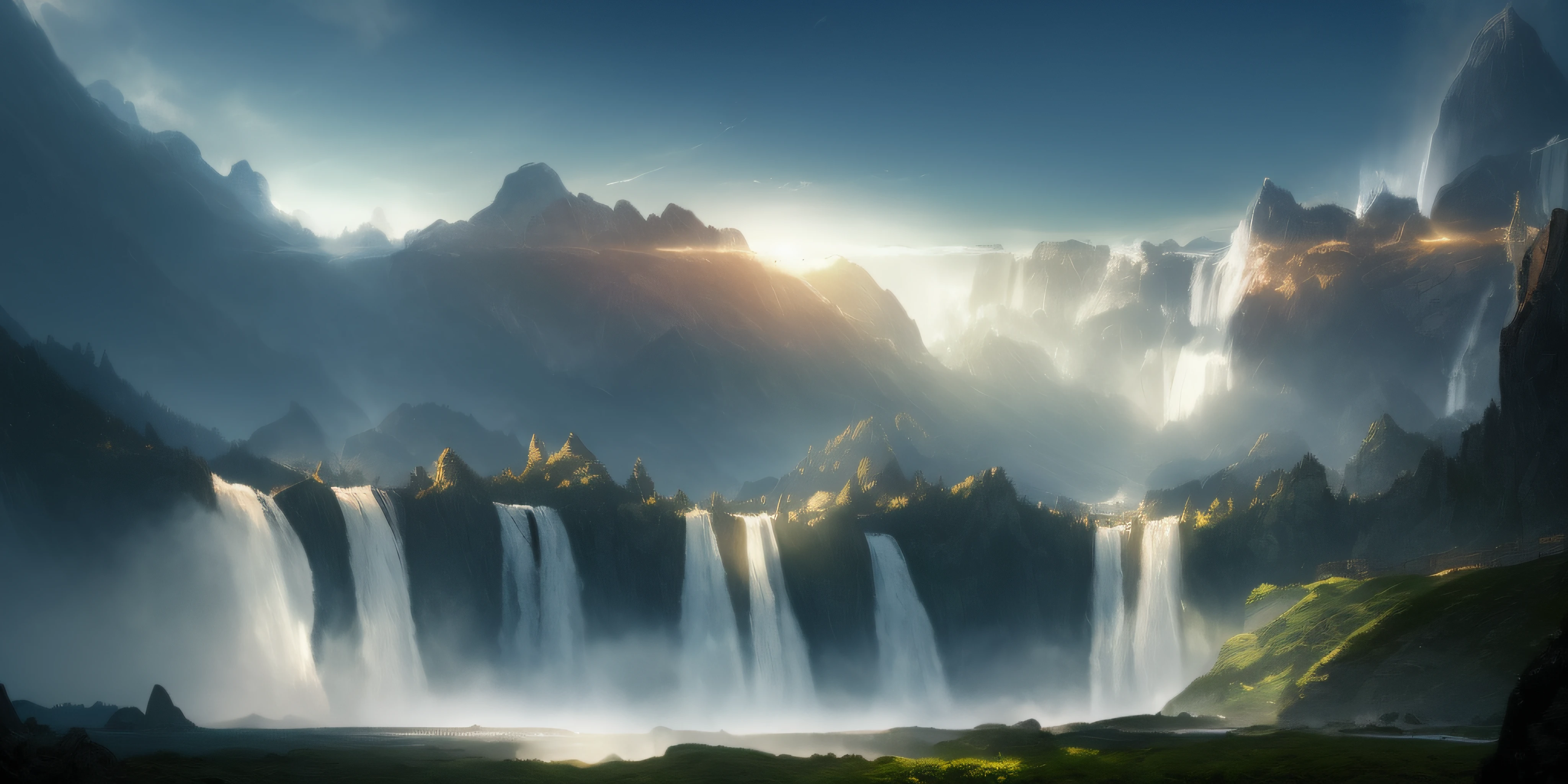 beautiful landscape (mountainous_horizon), (light_rays), ((waterfall)), magnificent, luxury, detailed, sharp focus, close up, low angle, high detail, volumetric, illustration, cold lighting, by jordan grimmer and greg rutkowski, trending on artstation, pixiv