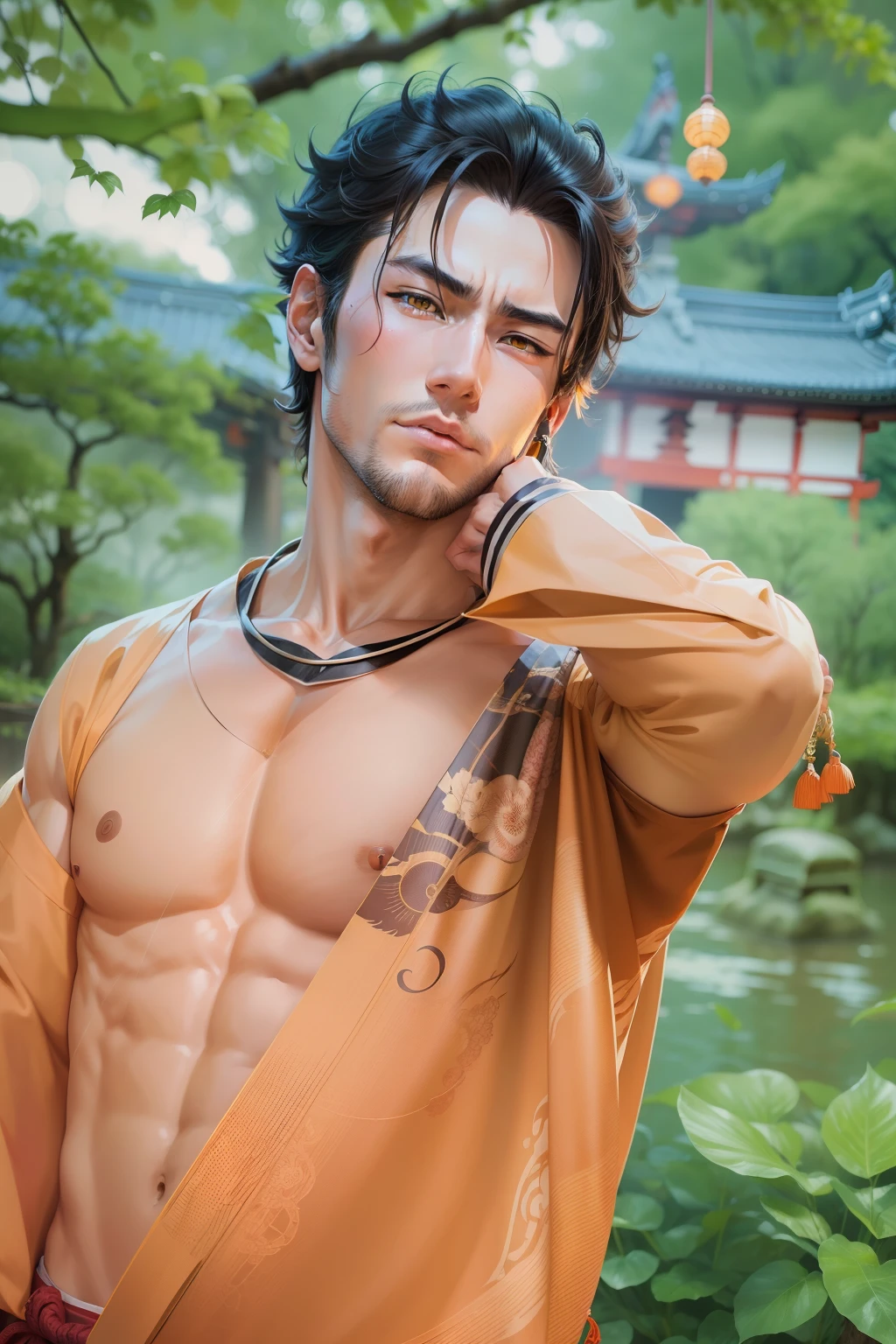 masterpiece, best quality, highres, muramasa, traditional Japanese shrine, solo, handsome, yellow eyes,