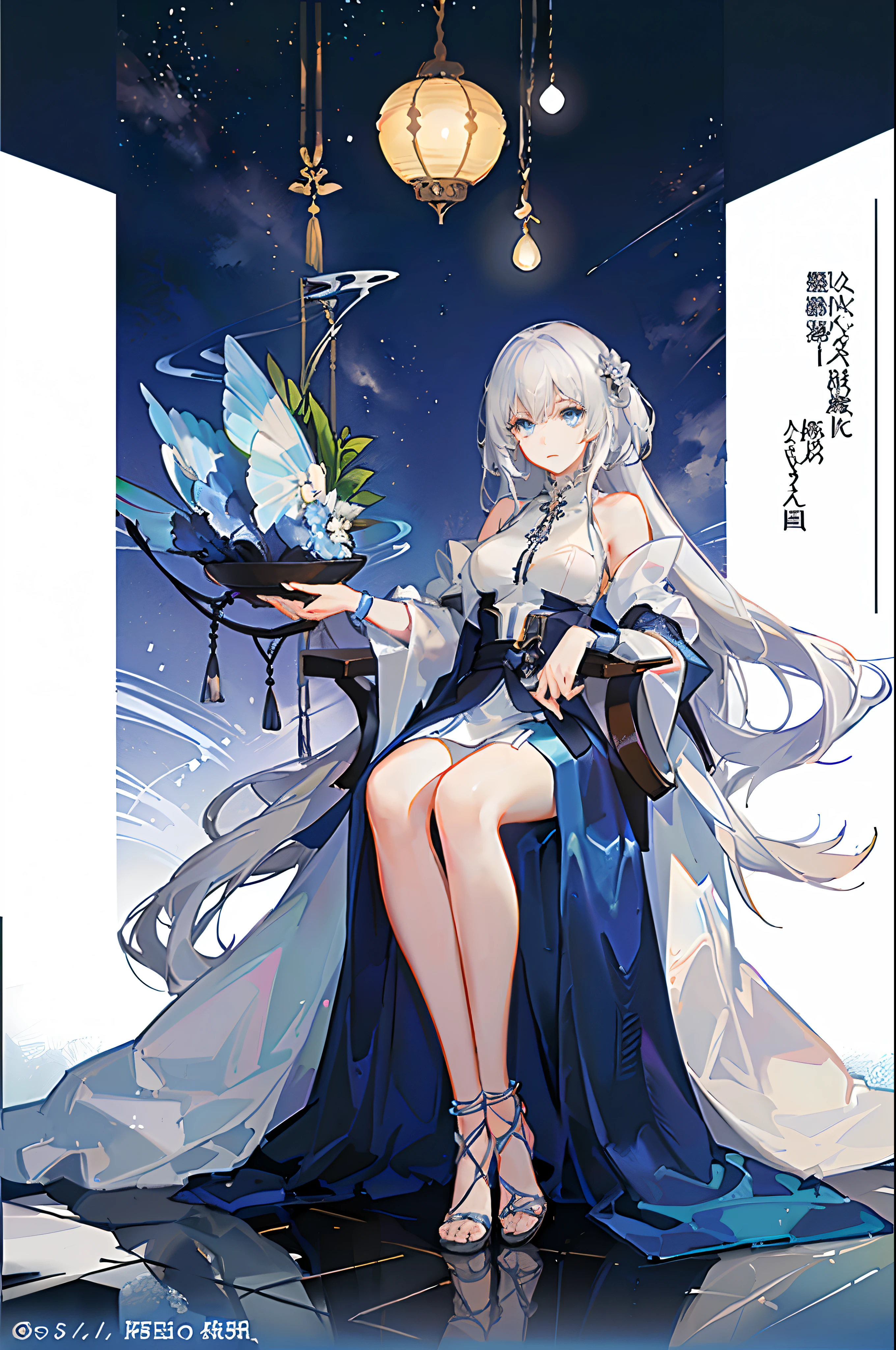 s girl, White hair and blue eyes, Kamimei, Sit on a chair in the temple, Look down on me, face expressionless