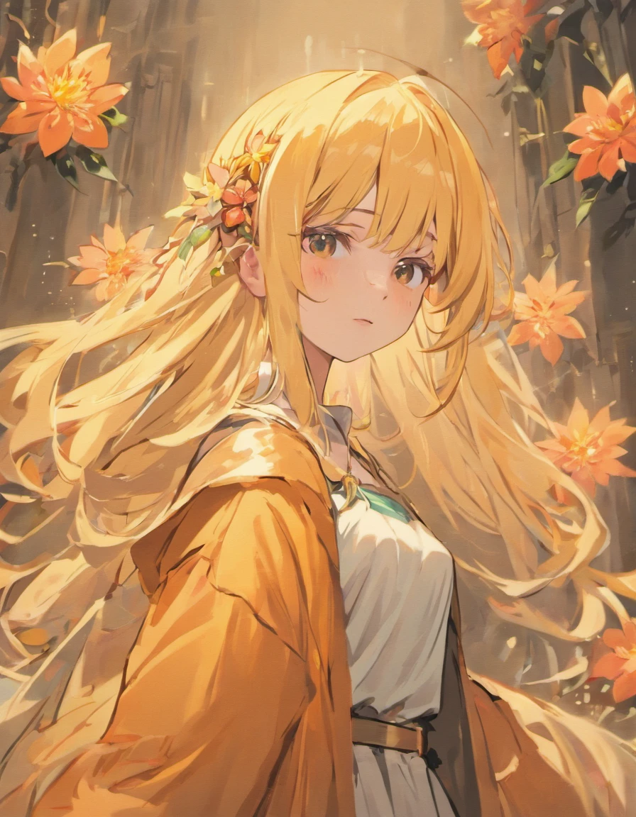a woman with long blonde hair holding a bouquet of flowers, blonde anime girl with long hair, cute anime girl portraits, anime visual of a cute girl, beautiful anime high school girl, extremely cute anime girl face, cute anime girl portrait, pretty anime girl, female anime character. Costume planning theme autumn and winter return to dust,Style: Urban simplicity, Old money style, Reference brand TEME 2023. Moya Seoul 2023 colors: Peach, Amber brown, Orange-yellow details: The top is smart,Casual culottes with loose straps,White shirt material: linen, Cotton, Silk, fleece, Full body front design