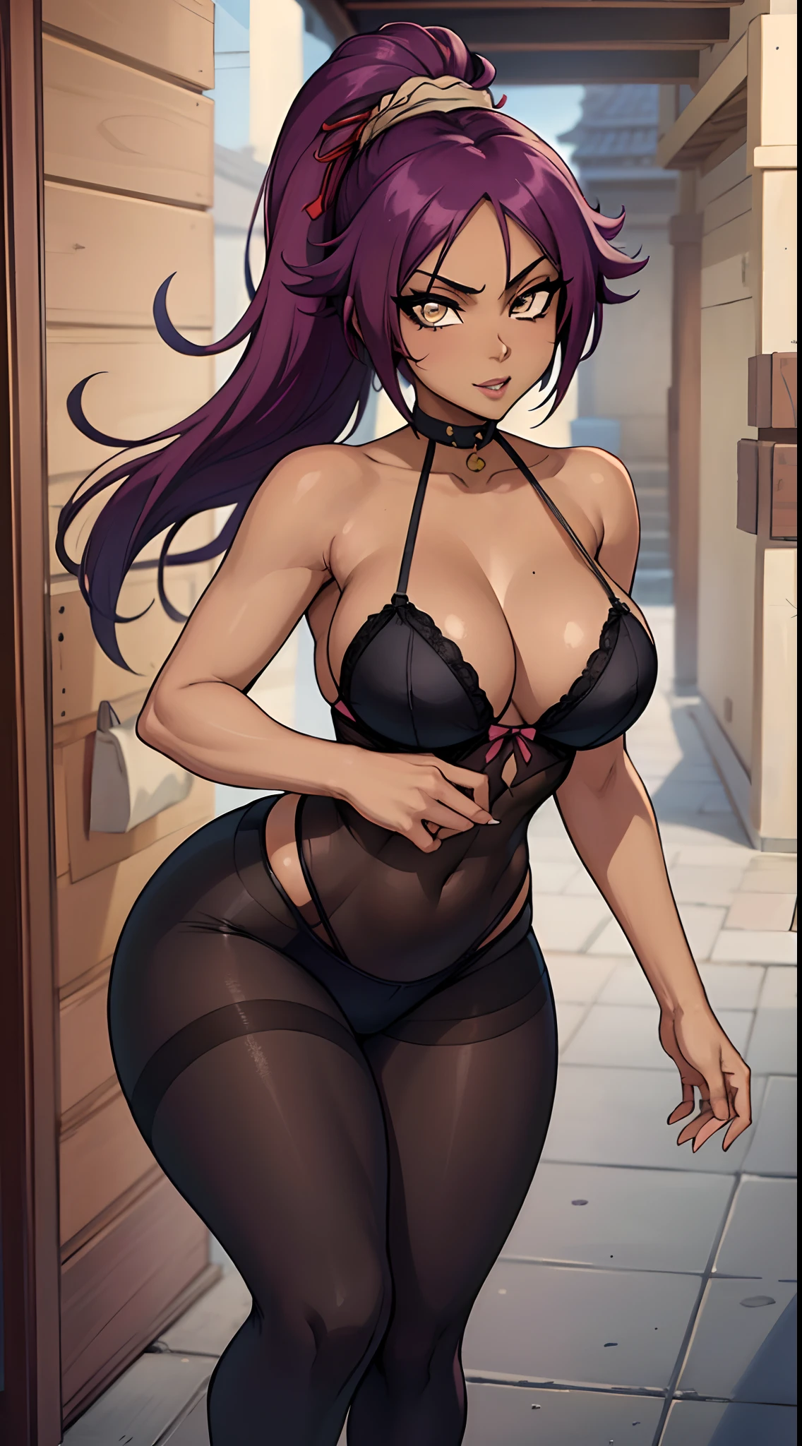 (best quality:1.3), Yoruichi Shihouin, olhos detalhados, peituda, clivagem, sedutora , lingerie with pantyhose, sexy, body curvy, bunda grande, peitos grandes,