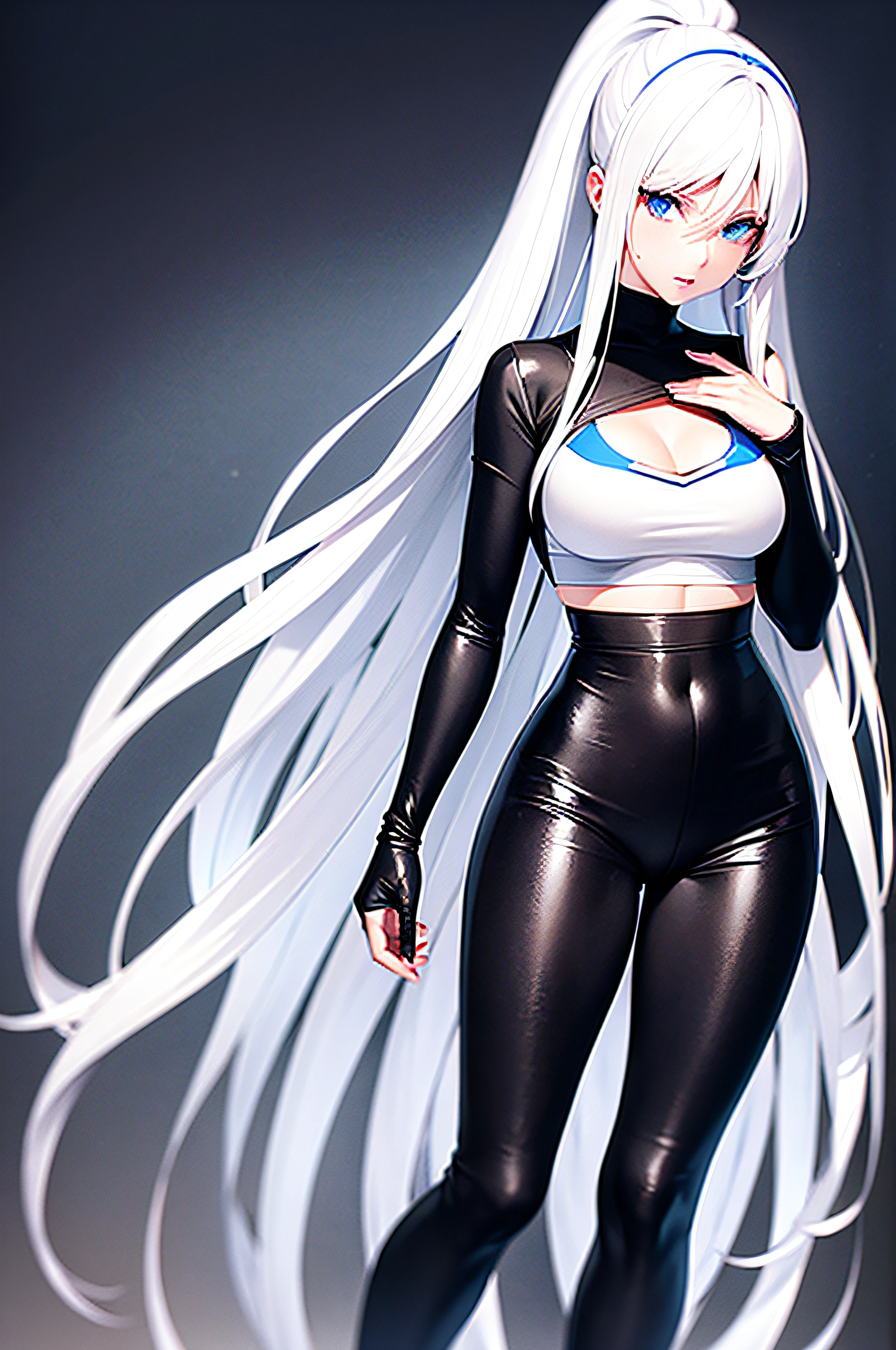 Sexy woman, long straight white hair, extremely white skin, black and blue eyes, blue fur jacket over white t shirt, medium chest, black pants and boots, wide hips, absolutely gorgeous