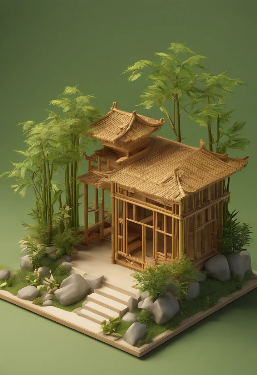 Isometric, simple and cute 3D concept illustrations of bamboo houses, bamboo leaves, bamboo forests, glass stairs, Eastern style, bamboo wood, green and off white, using Kawaii aesthetic style, 3D miniature models, minimalist
