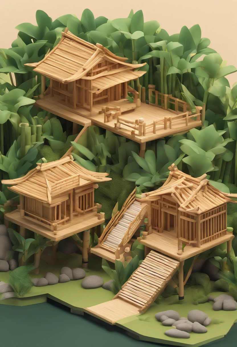 Isometric, simple and cute 3D concept illustrations of bamboo houses, bamboo leaves, bamboo forests, glass stairs, Eastern style, bamboo wood, green and off white, using Kawaii aesthetic style, 3D miniature models, minimalist