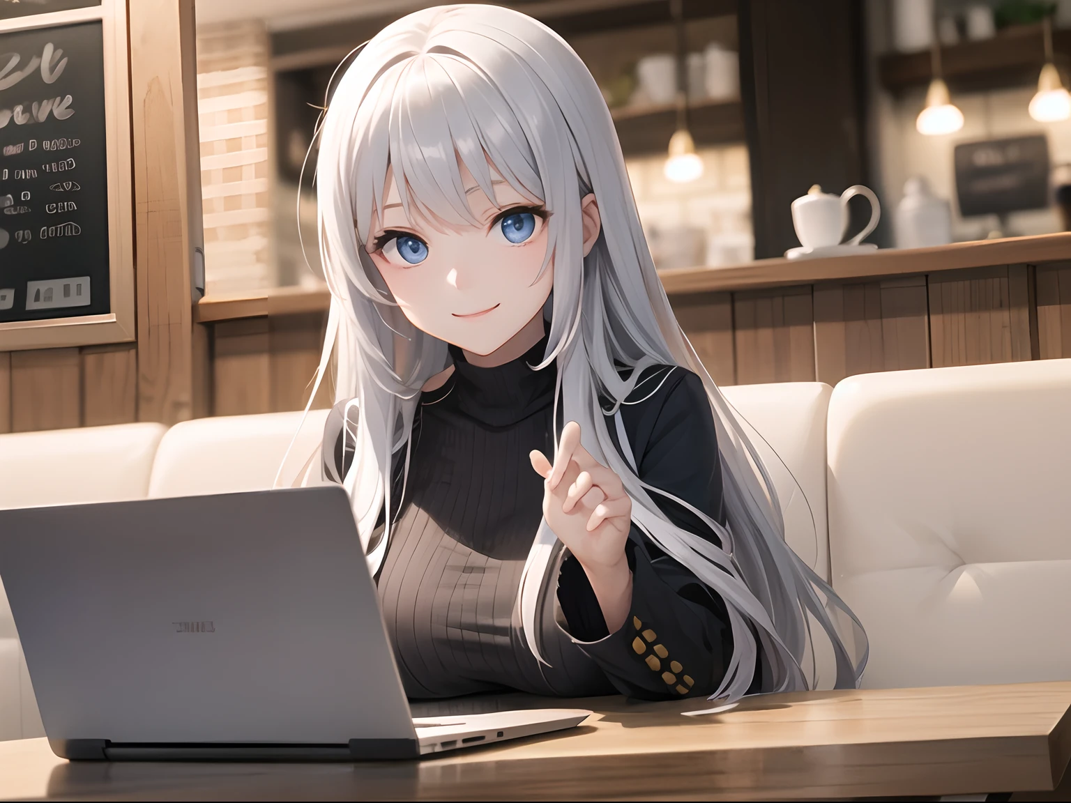 fashionable cafe、Adult woman in anime using laptop、25-years old、Upper body, mid-shot, femele, Detailed eyes,Semi-long hair, Silvery head hair, Bangs,、frontage、 Smiling smile、