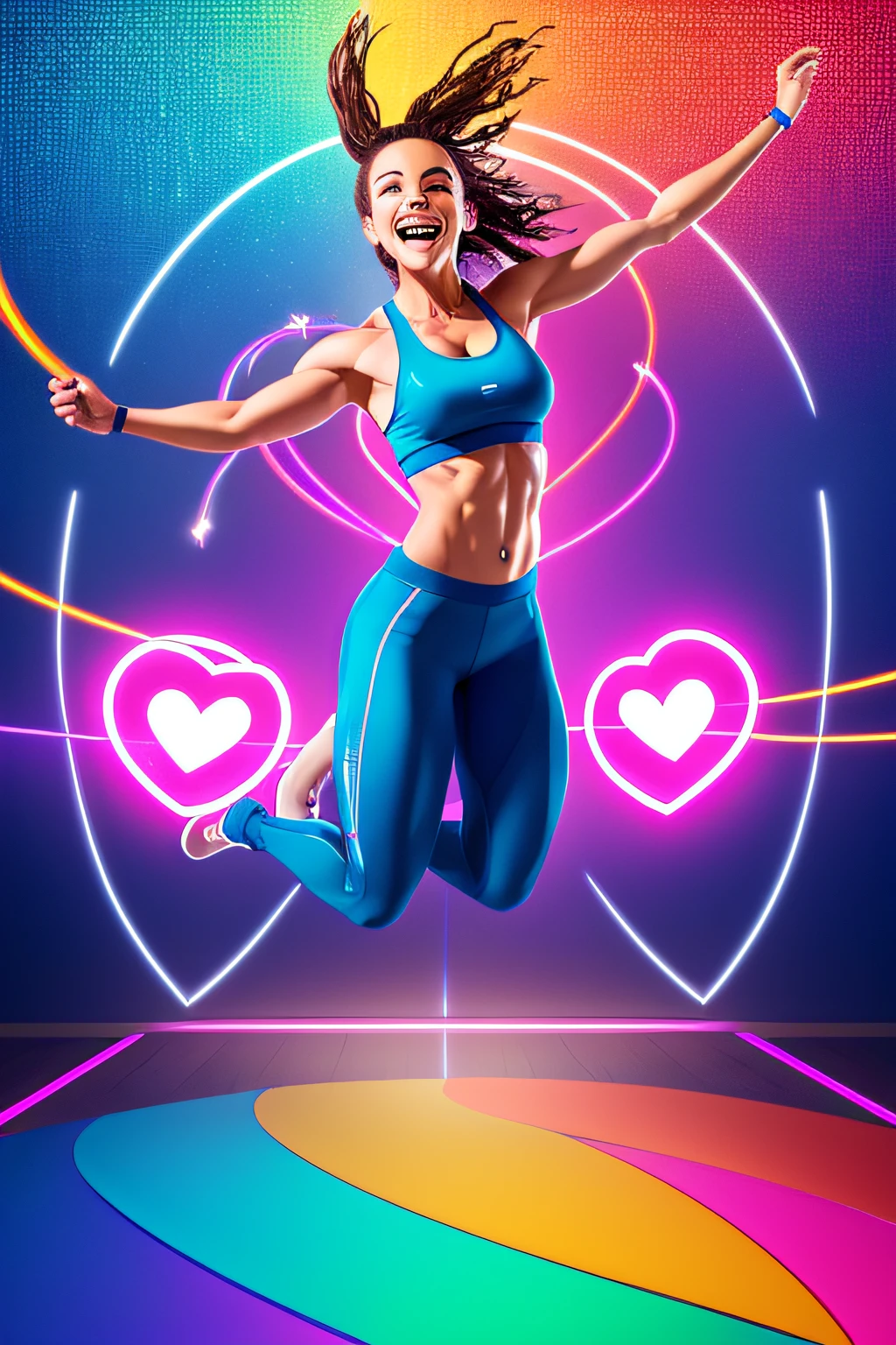 (best quality, highres), a woman joyfully jumping with energy lines emanating from her, vibrant heart icons, muscle icons, and happy emojis surrounding her. In the background, a subtle screen displays an online training platform.