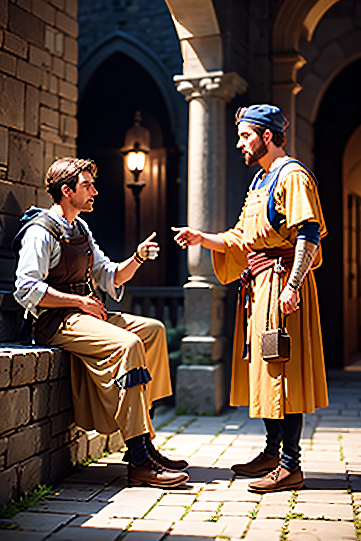 ULTRA REALISTIC AND DETAILED IMAGE OF MAN IN 1ST CENTURY CLOTHES ASKING ANOTHER MAN FOR SOMETHING IN FRONT OF A 1ST CENTURY HOUSE AT MIDNIGHT