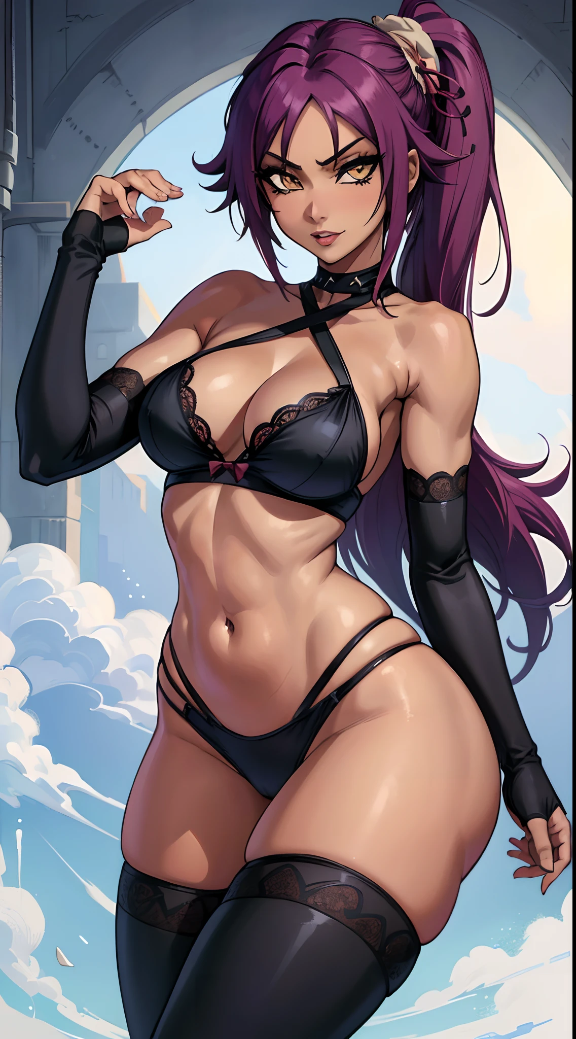 (best quality:1.3), Yoruichi Shihouin, olhos detalhados, peituda, clivagem, sedutora , lingerie, sexy, body curvy, bunda grande, peitos grandes,