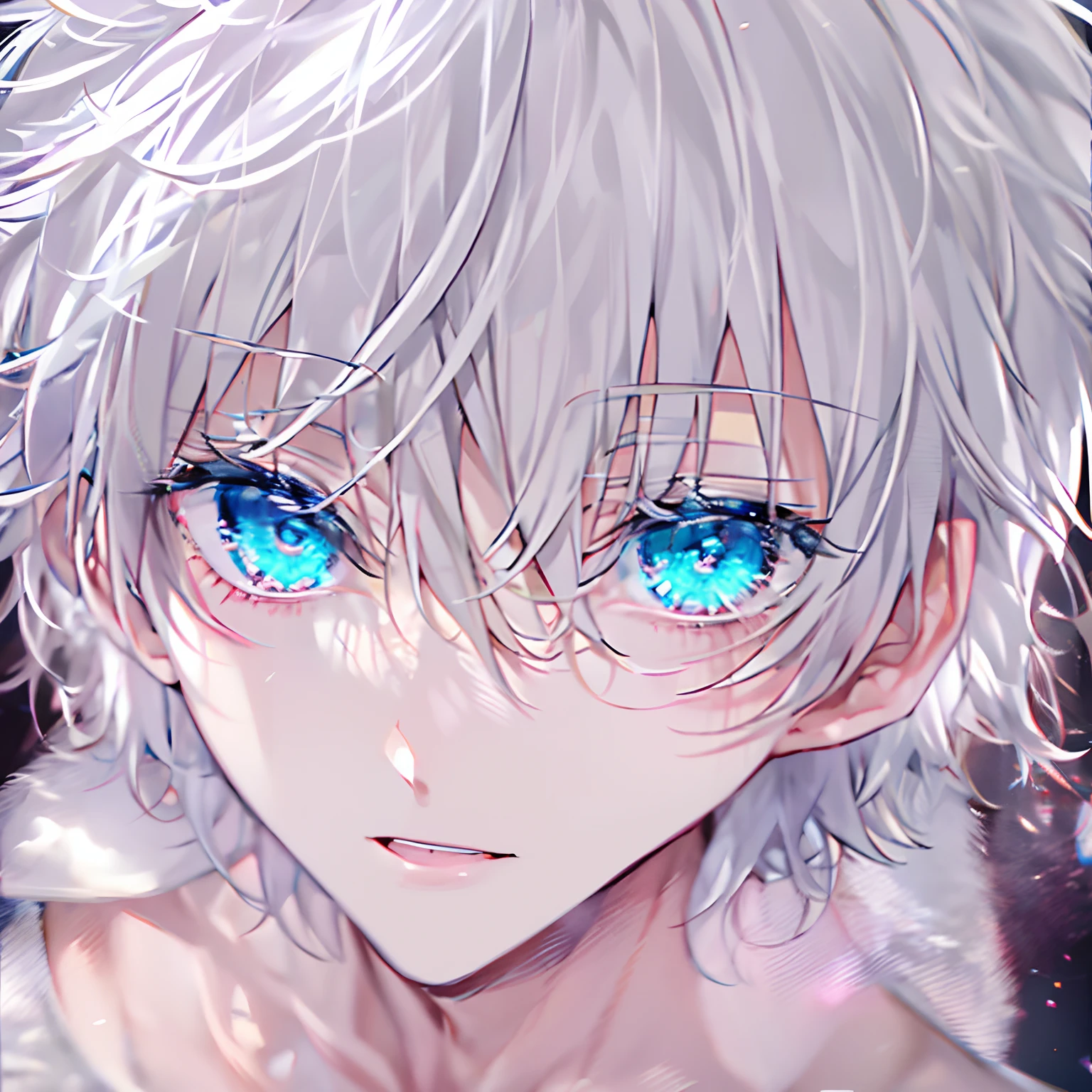 satoru gojo,white hair,short hair,,hair between eyes,blue eyes,colored eyelashses