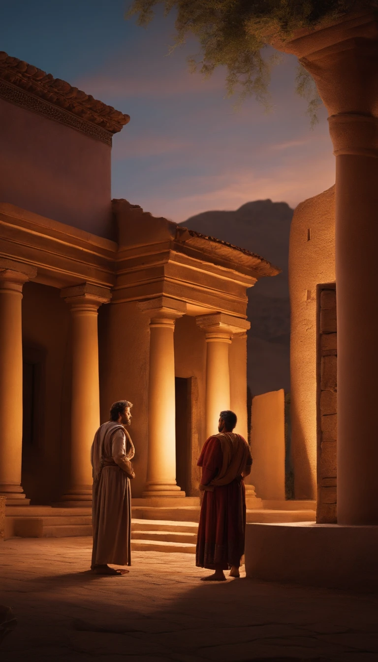 DETAILED IMAGE OF MAN IN 1ST CENTURY CLOTHES ASKING SOMETHING OF ANOTHER MAN IN FRONT OF A 1ST CENTURY HOUSE AT MIDNIGHT