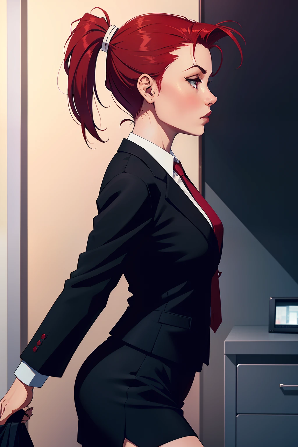 side view, woman, looking at viewer, red ponytail hair, wearing a black office suit, red tie,black office skirt, looking at viewer, walking, no background