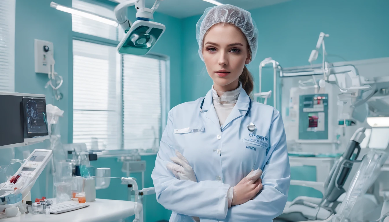 A medical worker in a hospital, sterile environment, wearing protective clothing, surgical mask, and gloves, treating patients with care and dedication. The medical worker has a stethoscope around their neck and a ID badge. The hospital setting is well-equipped with modern medical equipment, including ventilators, monitors, and IV drips. The lighting is bright and fluorescent, providing a clean and professional atmosphere. The colors are vibrant and the image is rendered with ultra-detailed precision and realism. The scene exudes a sense of professionalism and dedication to healthcare.