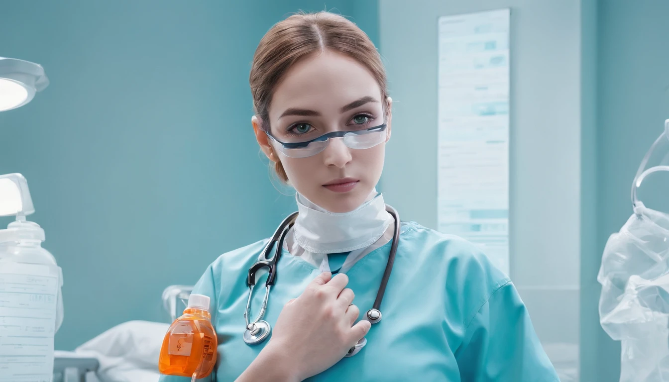 A medical worker in a hospital, sterile environment, wearing protective clothing, surgical mask, and gloves, treating patients with care and dedication. The medical worker has a stethoscope around their neck and a ID badge. The hospital setting is well-equipped with modern medical equipment, including ventilators, monitors, and IV drips. The lighting is bright and fluorescent, providing a clean and professional atmosphere. The colors are vibrant and the image is rendered with ultra-detailed precision and realism. The scene exudes a sense of professionalism and dedication to healthcare.