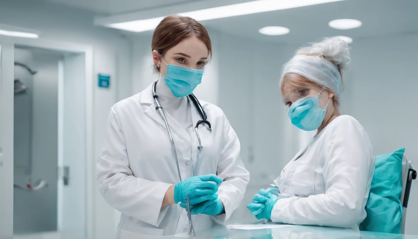 A medical worker in a hospital, sterile environment, wearing protective clothing, surgical mask, and gloves, treating patients with care and dedication. The medical worker has a stethoscope around their neck and a ID badge. The hospital setting is well-equipped with modern medical equipment, including ventilators, monitors, and IV drips. The lighting is bright and fluorescent, providing a clean and professional atmosphere. The colors are vibrant and the image is rendered with ultra-detailed precision and realism. The scene exudes a sense of professionalism and dedication to healthcare.
