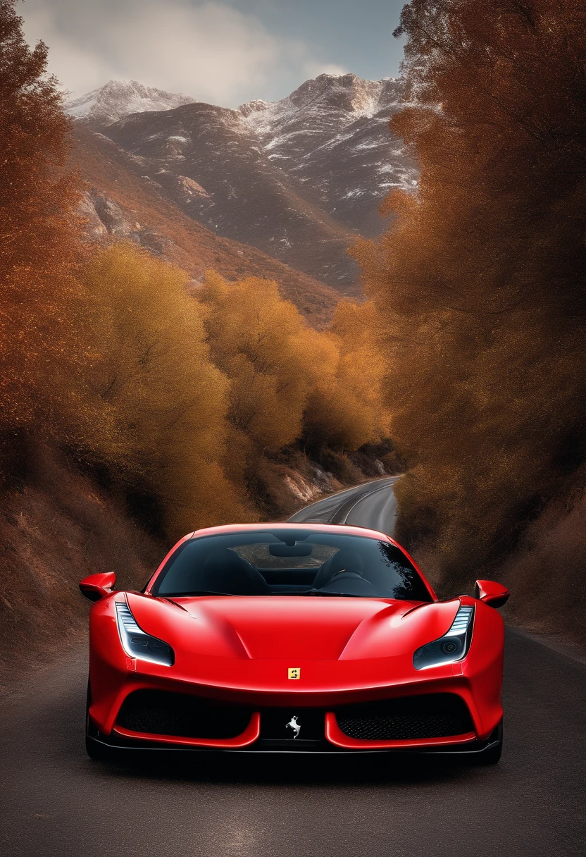 (Best quality, 8k, Master part :1.2), hyper realistic, ville de Monaco, sur une montagne, a detailed red Ferrari 488,