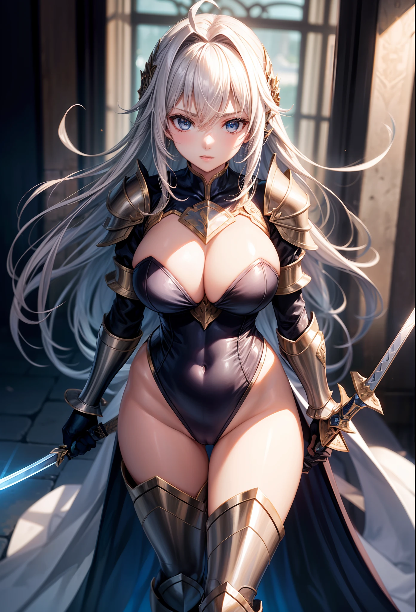 Woman knight、a beauty girl、huge tit、Excellent style、Nice Buddy、glamorous、leotard、s Armor、Bra chest armor、knee boots、gauntlets、silber hair、Longhaire、Ahoge、、is standing、full body seen 、Possesses a sword、Contains a sword