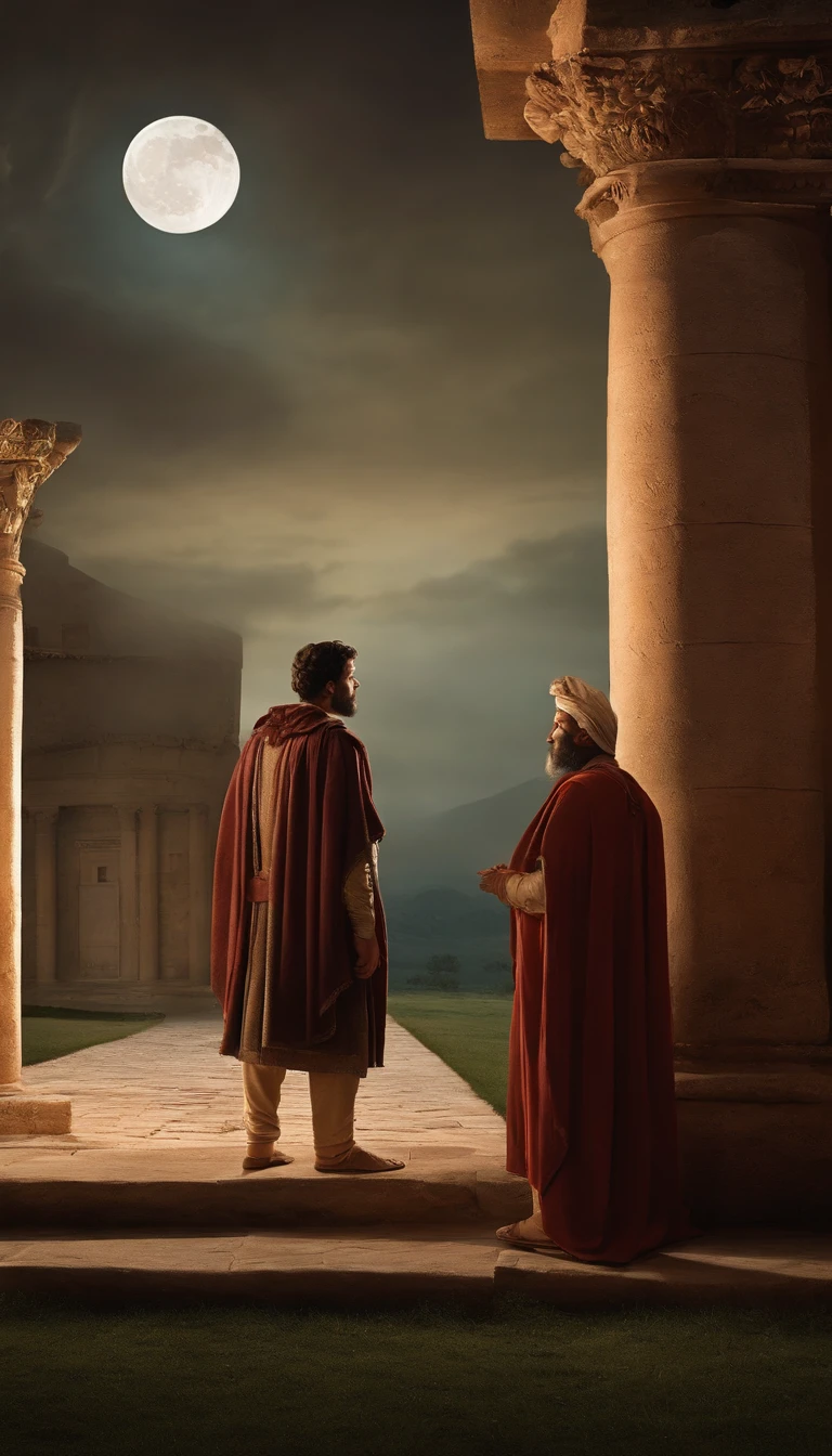 DETAILED IMAGE OF MAN IN 1ST CENTURY CLOTHES ASKING SOMETHING OF ANOTHER MAN IN FRONT OF A 1ST CENTURY HOUSE AT MIDNIGHT