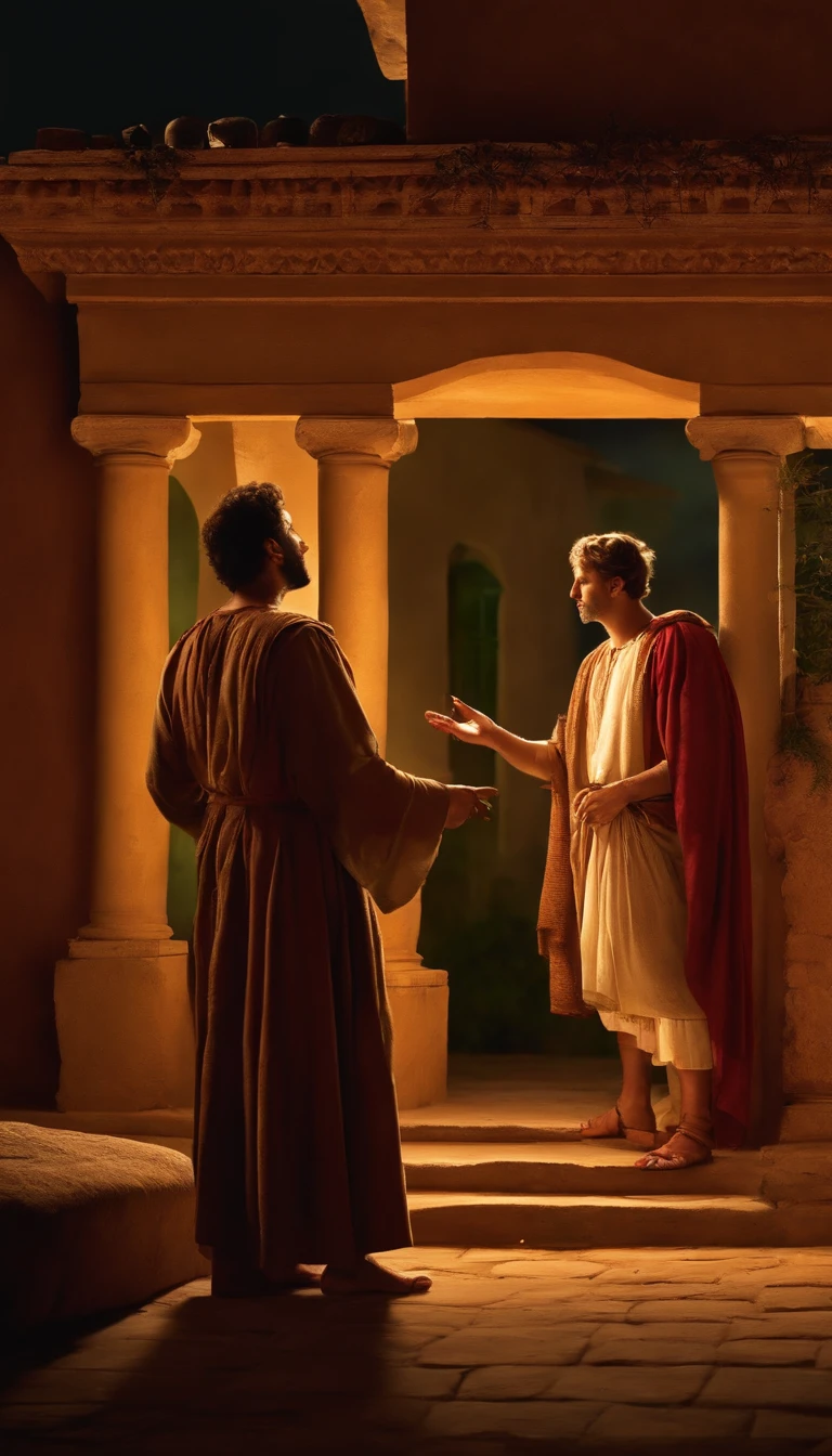 DETAILED IMAGE OF MAN IN 1ST CENTURY CLOTHES ASKING SOMETHING OF ANOTHER MAN IN FRONT OF A 1ST CENTURY HOUSE AT MIDNIGHT
