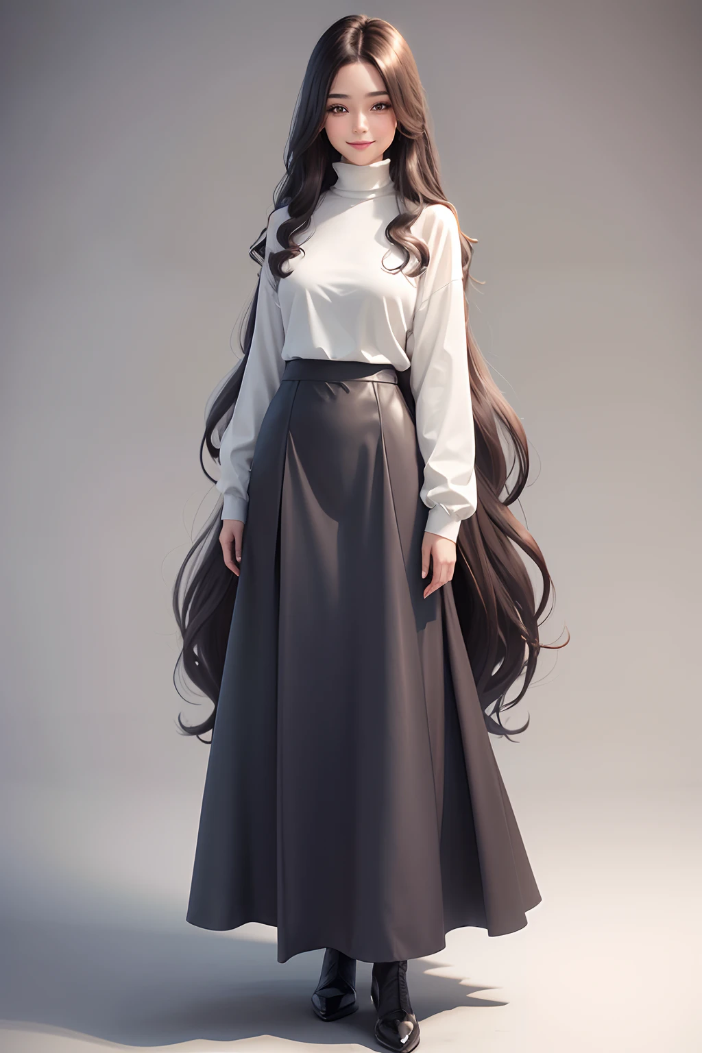 Dark brown over-the-shoulder wavy long hair，Full body front，Plain white background，Happy smile，Wear a white turtleneck shirt and gray oversized silhouette jacket，Blue loose dress，Animation style