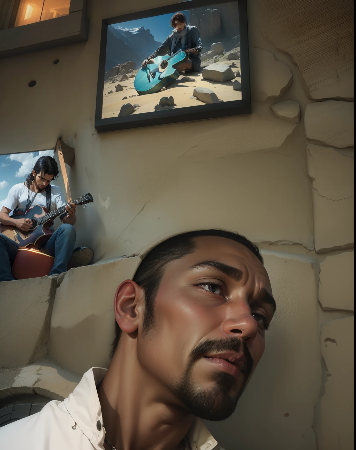 An amman playing guitar on the mountain with his broken heart