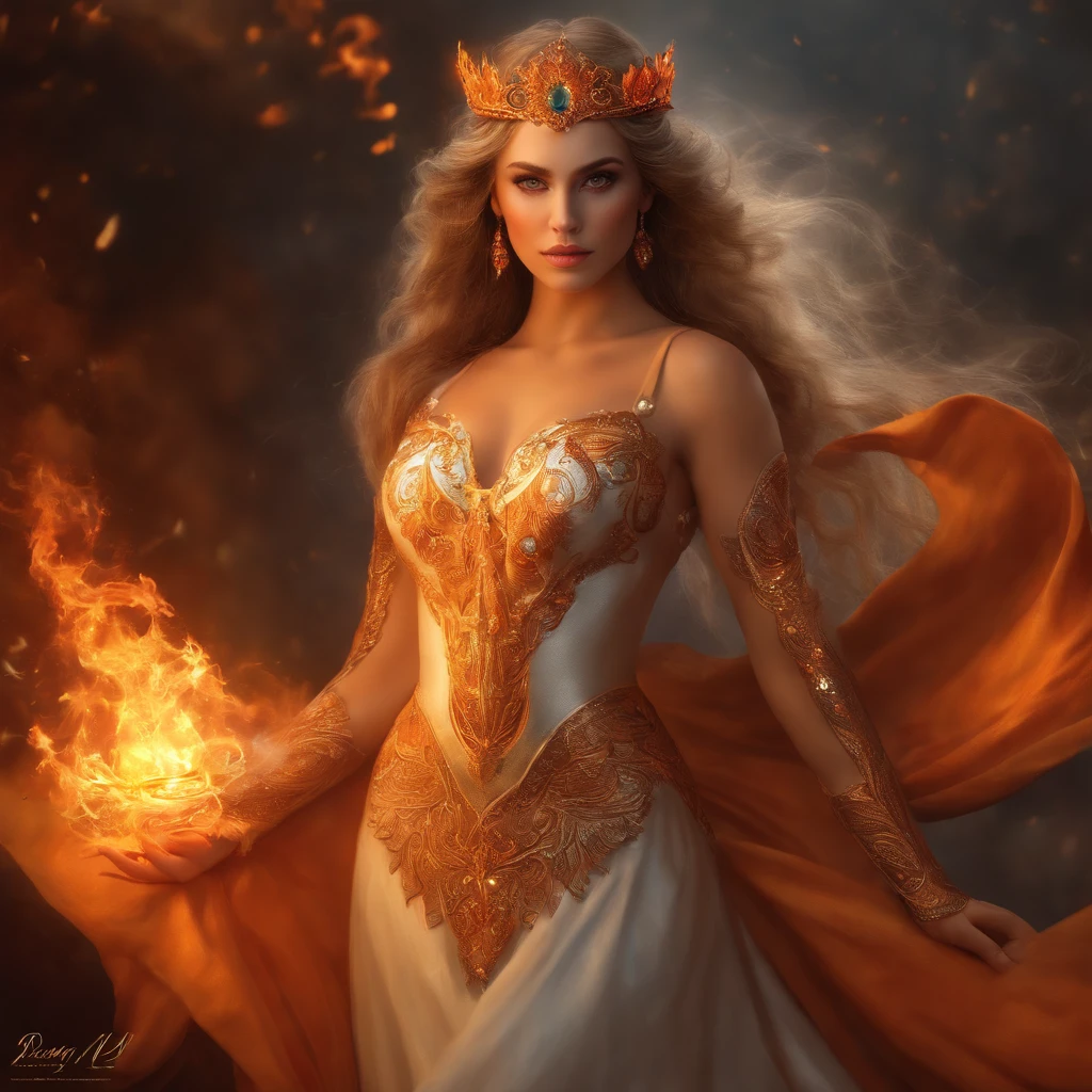 This is a realistic fantasy artwork prominently featuring realistic fire, including wisps of flames, glowing hot embers, subtle curls of smoke, and a beautiful fire druid. The druid stands in the midst of a raging inferno with an interesting composition. Her face is expertly sculpted, with elegant and refined features and perfect shading and realistic skin texture. Her (orange and gold eyes) are stunning and are the focal point of this image. (Her eyes extremely detailed, beautiful detailed eyes, and macro). Her eyes feature intricate detailing with clearly defined irises and bright sclera. Her soft lips are smooth and very puffy, and her skin is adorned with a light flush and ornate fire detailing. Her long gown is stunning and expensive, and is made of pure flames and glittering, ornate jewels that glimmer in the fire light. Her billowing gown glitters from the flames and features a delicately and intricately embroidered bodice with wisps of flames running across it. Include fantasy elements like bumps, stones, fiery iridescence, glowing embers, silk, and an interesting background. Include fiery magical creatures such as fiery birds and fiery butterflies that give off a magical and mystical aura. Lighting: Utilize the latest trends in lighting to enhance the artwork's beauty. Camera: Utilize dynamic composition to create a sense of urgency and excitement. Take inspiration from the current masters of the fantasy genre, including trending artists on Artstation and Midjourney. ((masterpiece))