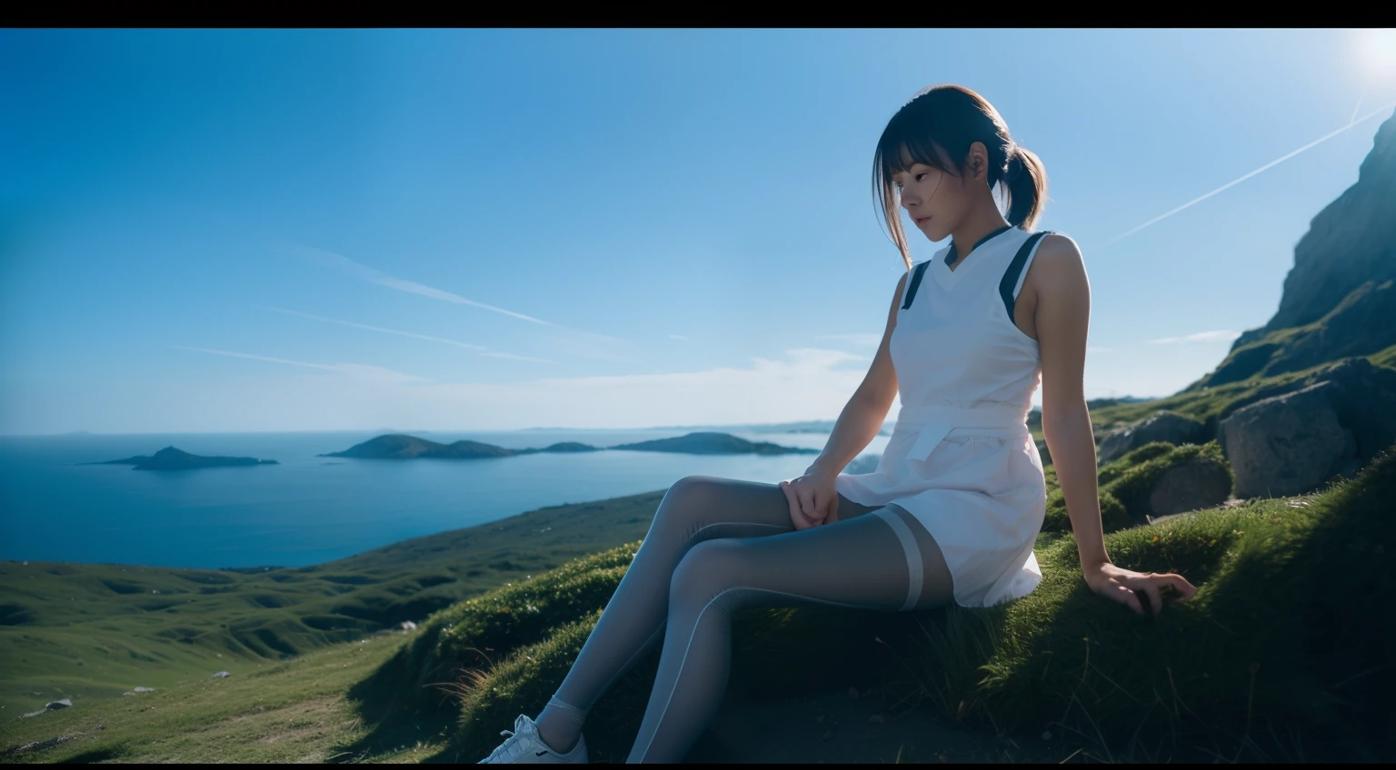 (Full body:1.5),(1girl in:1.3),(view the viewer:1.4),(anatomy correct:1.4),(Sitting at the top of a mountain:1.2),(Wearing a nurse set:1.2),(Opaque pantyhose:1.3),(Accurate and perfect face:1.3),(Long legs:1.3),hyper HD, Ray traching, reflective light, Structurally correct, awardwinning, high detailing, Lighten the shade contrast, Face lighting ,Cinematic lighting, masutepiece, super detailing, High quality, high detailing, Best Quality, High contrast,a scene from a movie、mare