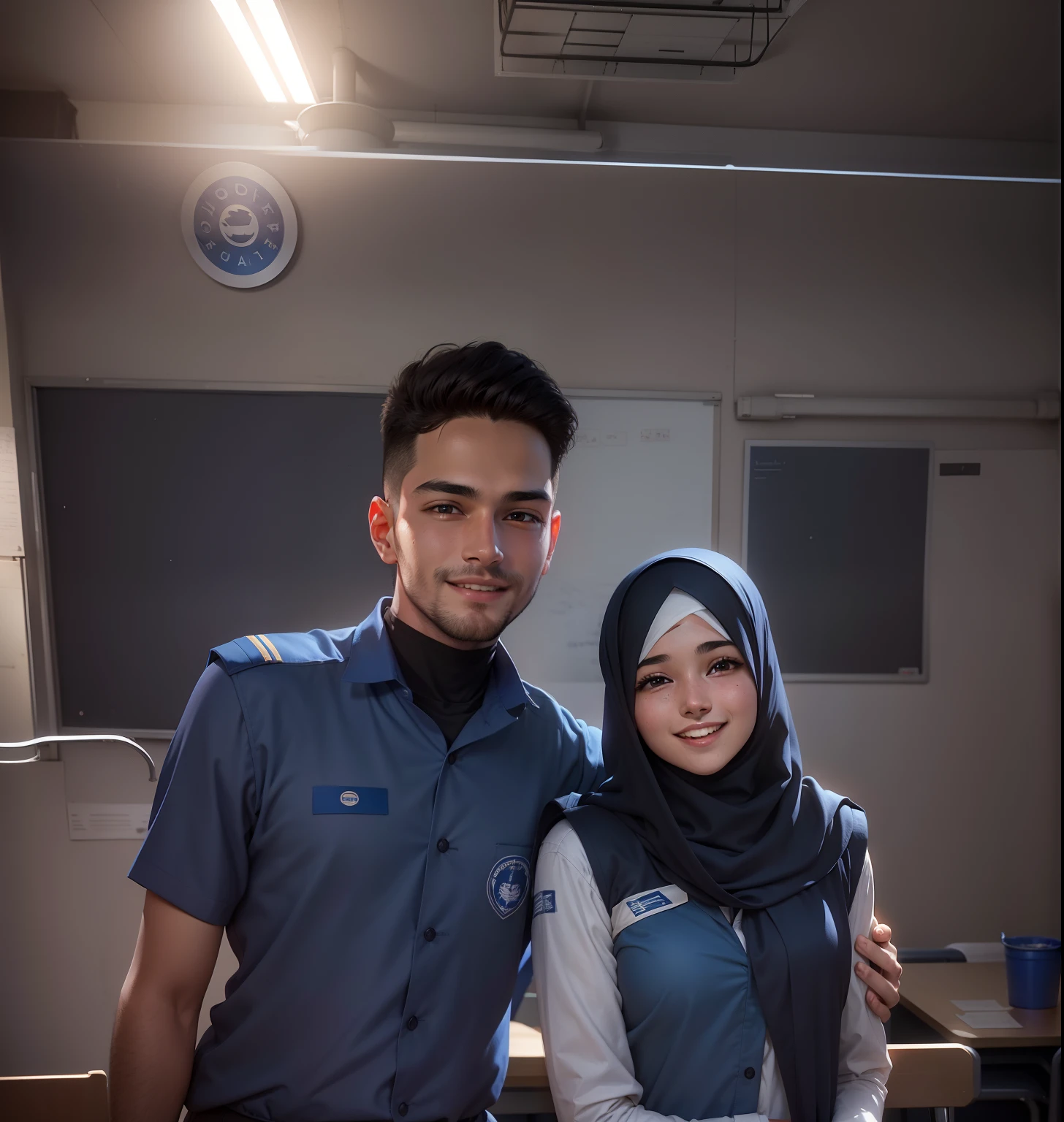 A boy hugging his girlfriend by side in a classroom , his girlfriend is wearing a long hijab,both of them in deep blue uniform,smiling and shining face,realistic face,8k